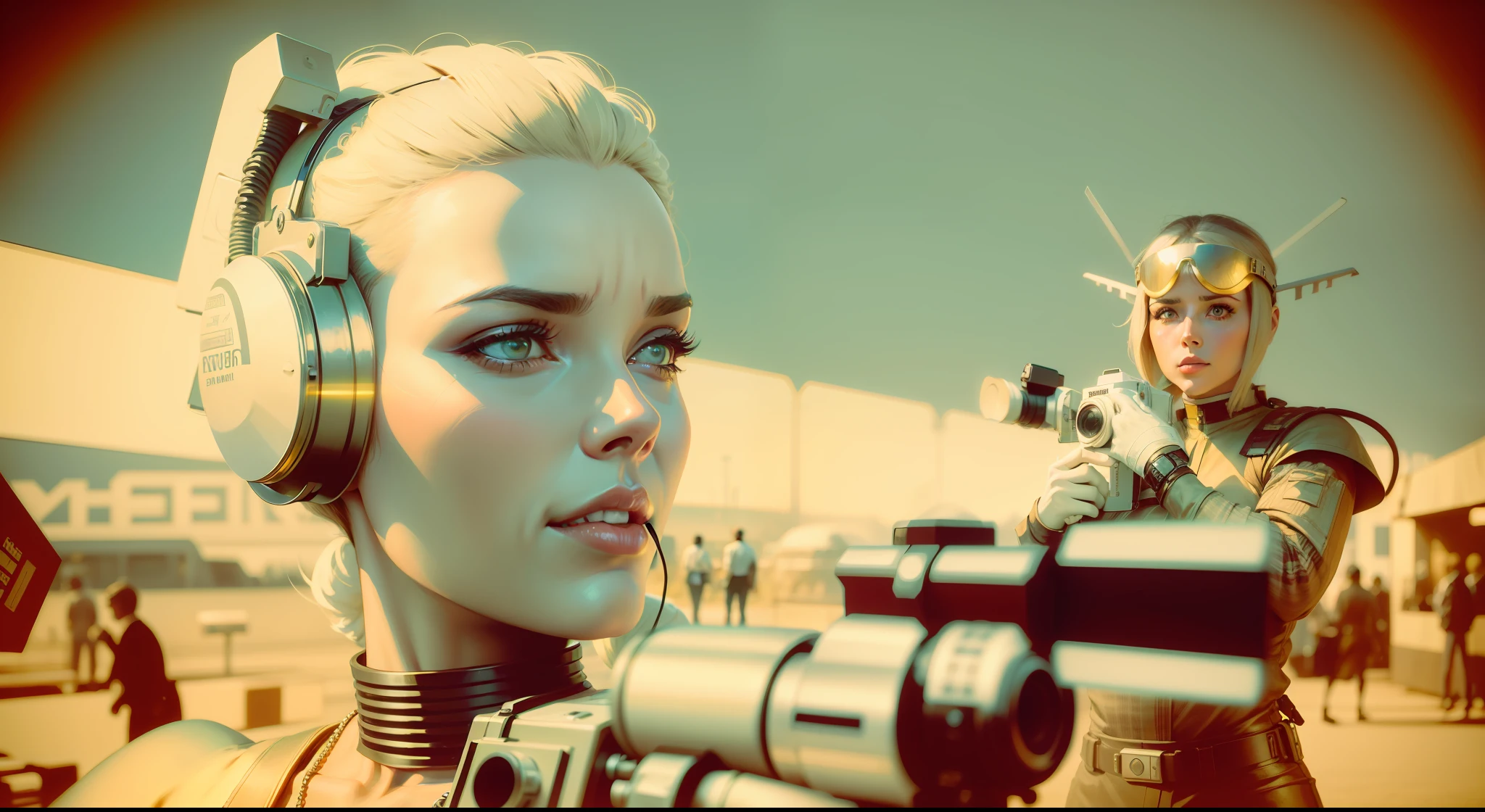 a woman holding a camera next to a man, a colorized photo by Robert Peak, cgsociety, retrofuturism, ilya kuvshinov, 1970s, reimagined by industrial light and magic