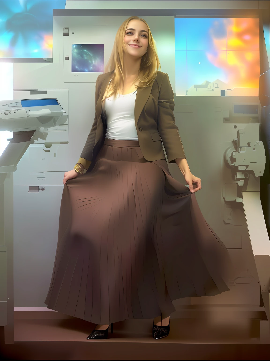 35mm f1.4 Kodak portra 400 photograph, extremely high quality RAW photograph, a therapist is playing with her skirt (in a flirting manner:1.3) on a space station, (shy) authentic (kind and tender) lesbian woman wearing a short blazer with a very very detailed (long (fully pleated) full circle skirt) and (simple) low heeled office shoes, very very intricate hyper-detailed symmetric (attractive graceful young feminine face) with (sad, tired) eyes and a (flirty smile:1.3), full of empathy and compassion and love, (pronounced feminine features:1,3), big boobs, large breasts, shirtless, topless, (highly detailed ultra accurate realistic) hands and fingers, ((windy conditions and wind blowing)), epic composition, highly detailed attributes, highly detailed atmosphere, detailed background, intricate, Exquisite details and textures, highly detailed, deep space station secret operations active background