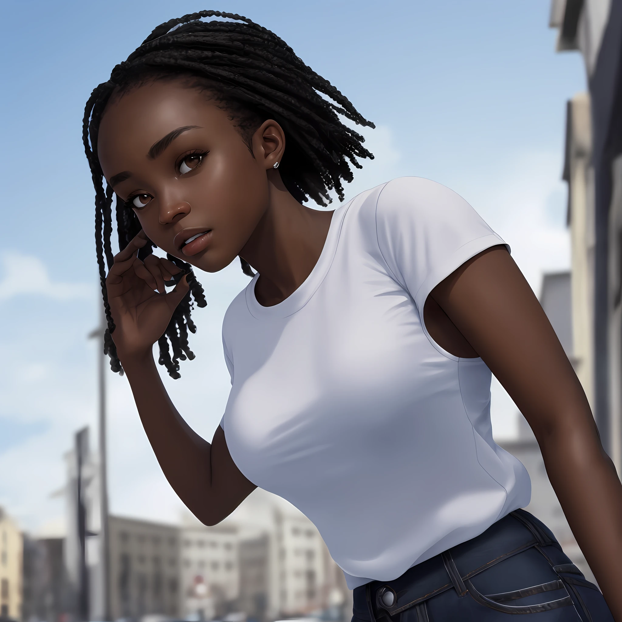 Photo realistic, open sky, black girl, medium breasts, white shirt, thin waist, 4k, ultra-realistic, detailed face, detailed skin, old street, classic clothing, neckline, open clothing