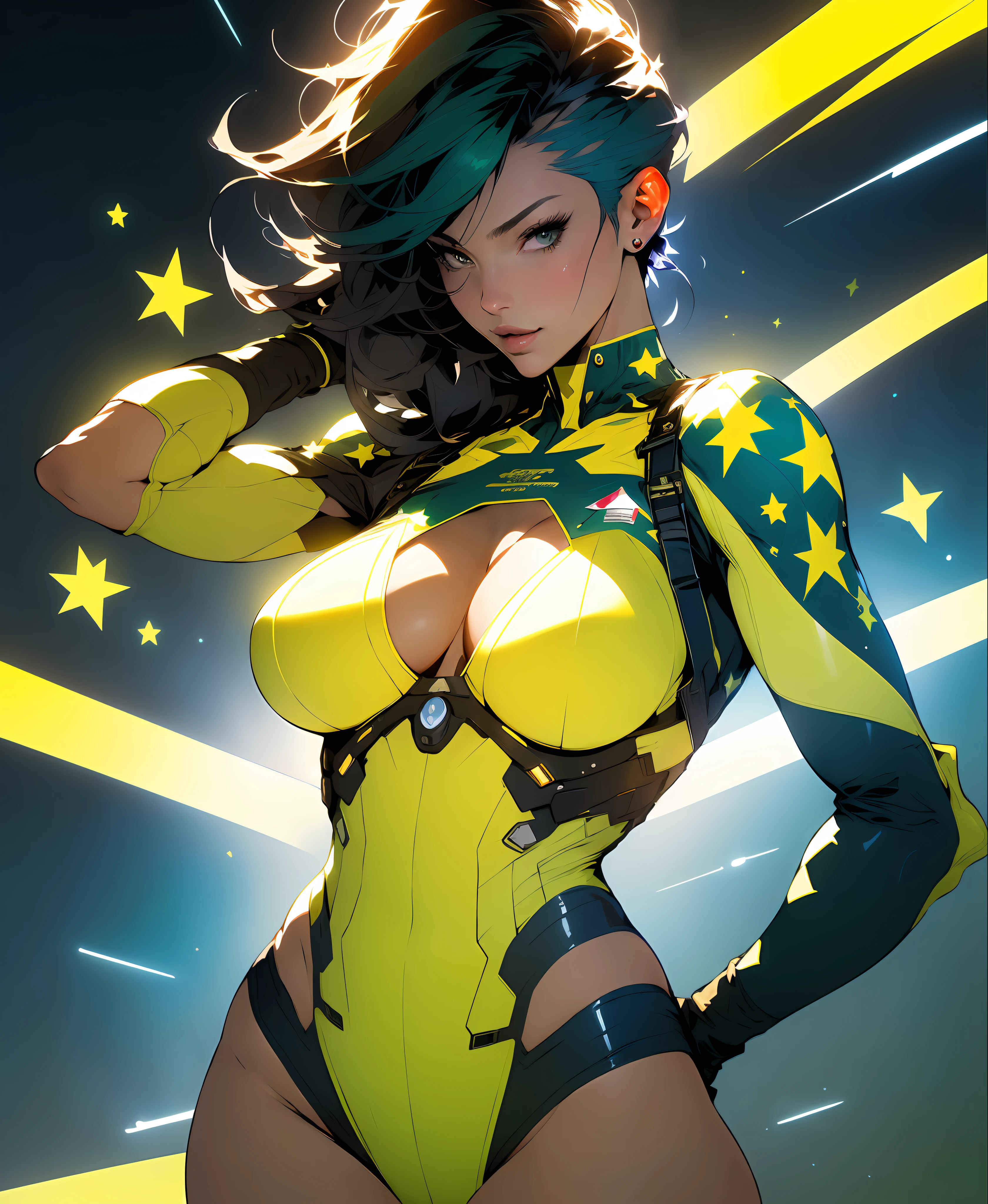 ((Best quality)), ((masterpiece)), (detailed: 1.4), Female fighter pilot defined muscular body, wearing a stewardess hat, half-thick bare thighs, closed mouth, only panties, muscular body parts covered by technological clothing, (((large breasts)) perfect, generous neckline, ((green and yellow clothing, dark blue arm with white stars)), Brazil, pastel, mohawk black short hair with yellow green locks, short underwear, garter belt, by mucha, niji --V5, close to real, best quality, almost naked, psychopathic, crazy face, inside an airplane cockpit, piloting, sexy pose, starry night background, 2 pieces outfit, star and lightning drawings on the arms, cyberpunk, dark green bra with white stars, stars covering the breasts, (((clothes with the colors of the Brazilian flag))), Pointed shoulder pads, Green eyes without pupils, HDR (High Dynamic Range),Ray Tracing,NVIDIA RTX,Super-Resolution,Unreal 5,Subsurface dispersion, PBR texture, Post-processing, Anisotropic filtering, Depth of field, Maximum clarity and sharpness, Multilayer textures, Albedo and specular maps, Surface shading, Accurate simulation of light-material interaction, Perfect proportions, Octane Render, Two-tone lighting, Wide aperture, Low ISO, White Balance, Rule of Thirds, 8K RAW, crysisnanosuit