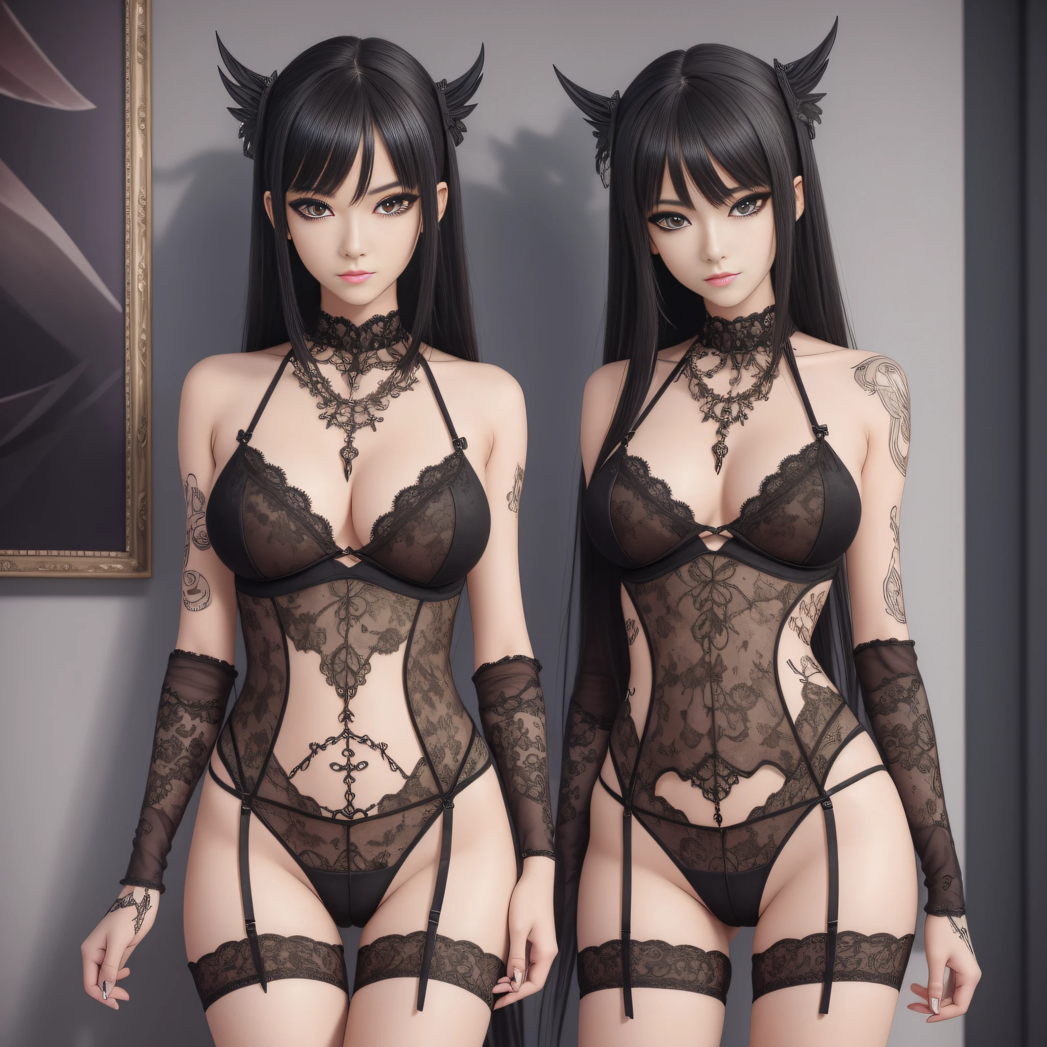 high detail raw photo masterpiece, best quality, detailed, sexy demon girl, cute girl, long legs, tall_female, beautiful_legs, asian, full body, (lingerie:0.6), (tattoo:0.4), (gothic jewelry:0.4), detailed face, Anime, flawless face, perfect eyes, highly detailed, 4 k, hdr, smooth, sharp focus, high resolution, award - winning photo