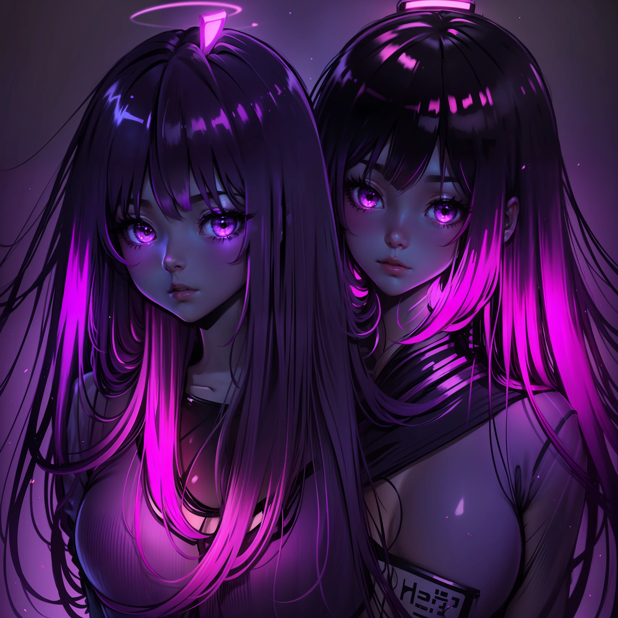 long hair beautiful girl anime hair flouresente hair shinier, neon purple color mixed with neon orange