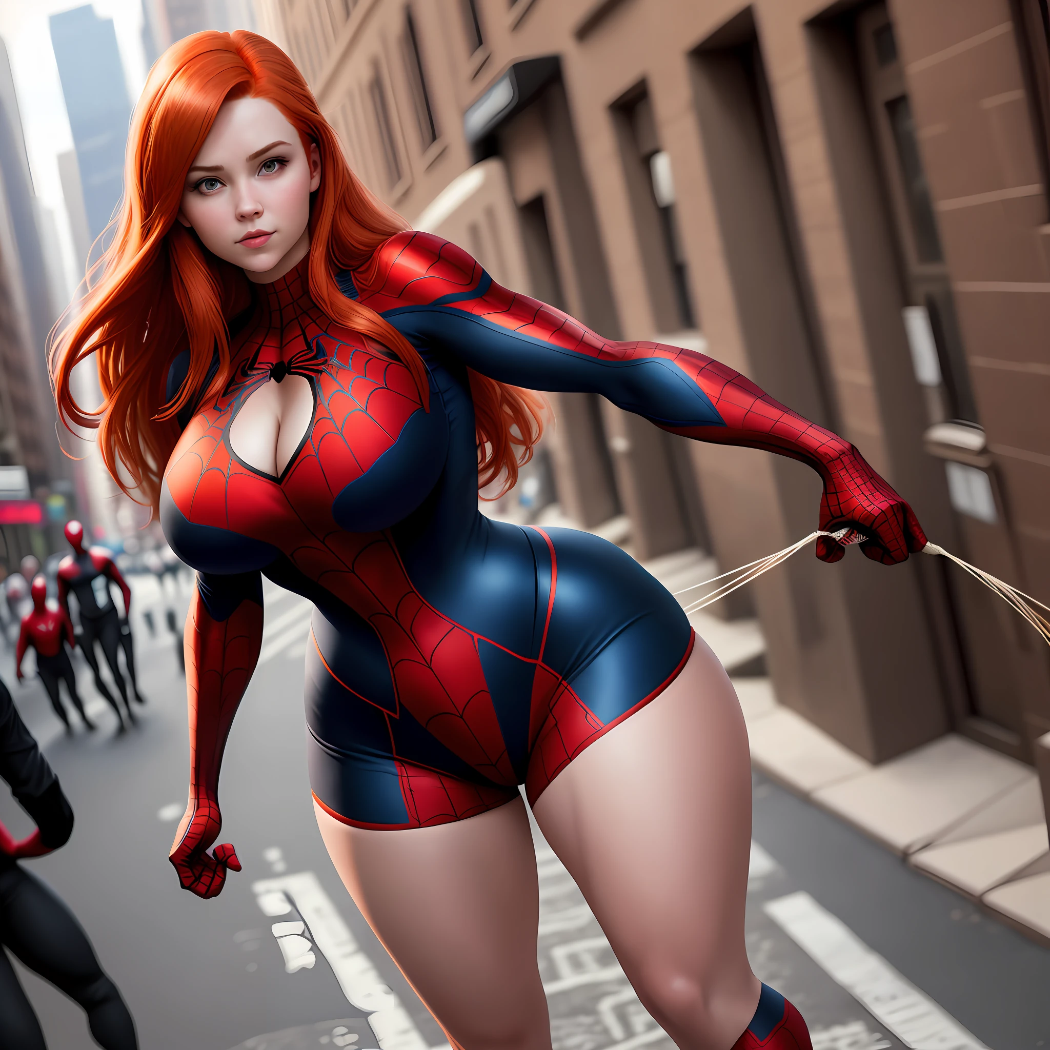 1 girl, beautiful curvaceous redhead, huge breasts, wide hips, very thin waist, fitted spider man costume, standing on a new york street, excellent picture quality, realistic, high definition, 8k