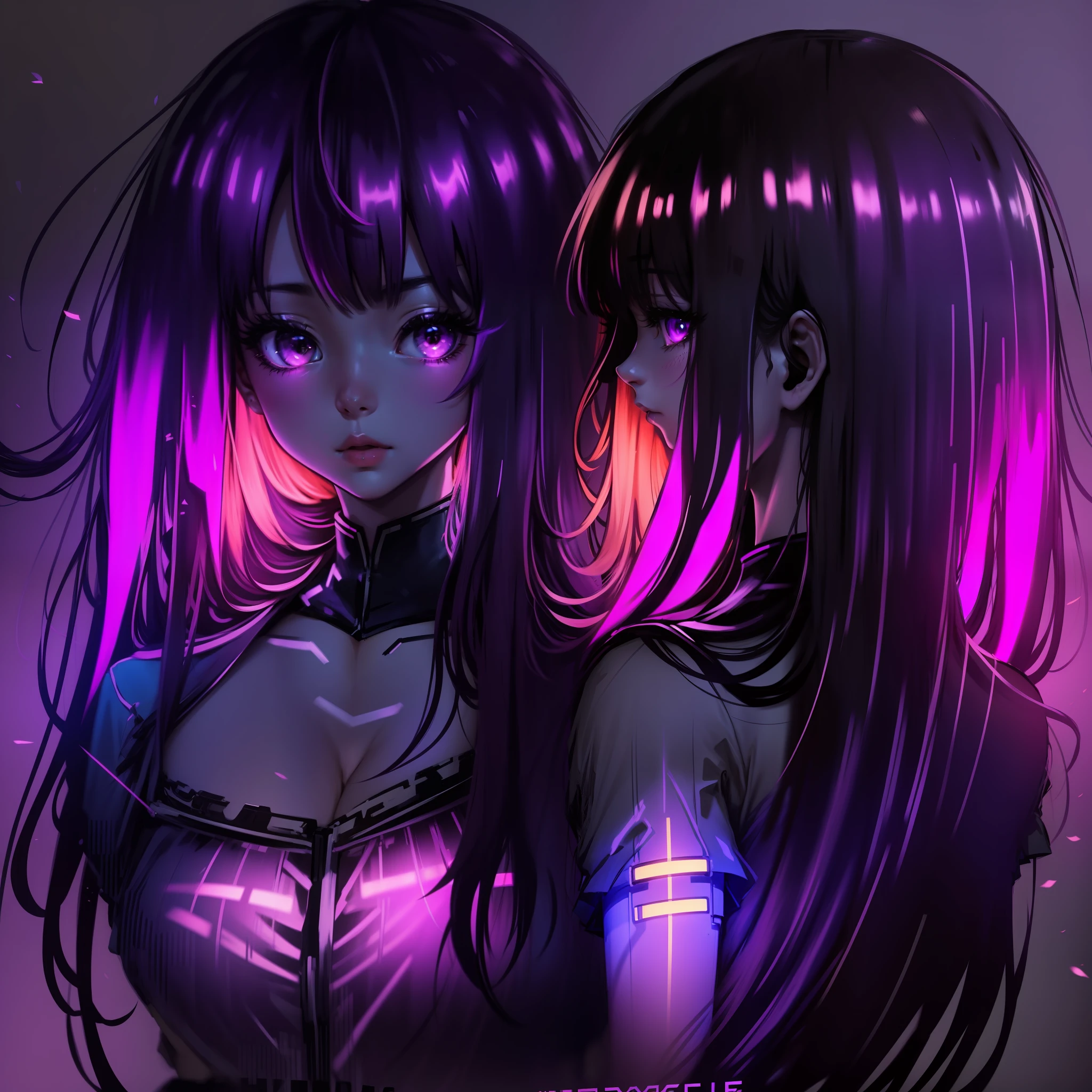 long hair beautiful girl anime hair flouresente hair shinier, neon purple color mixed with neon orange