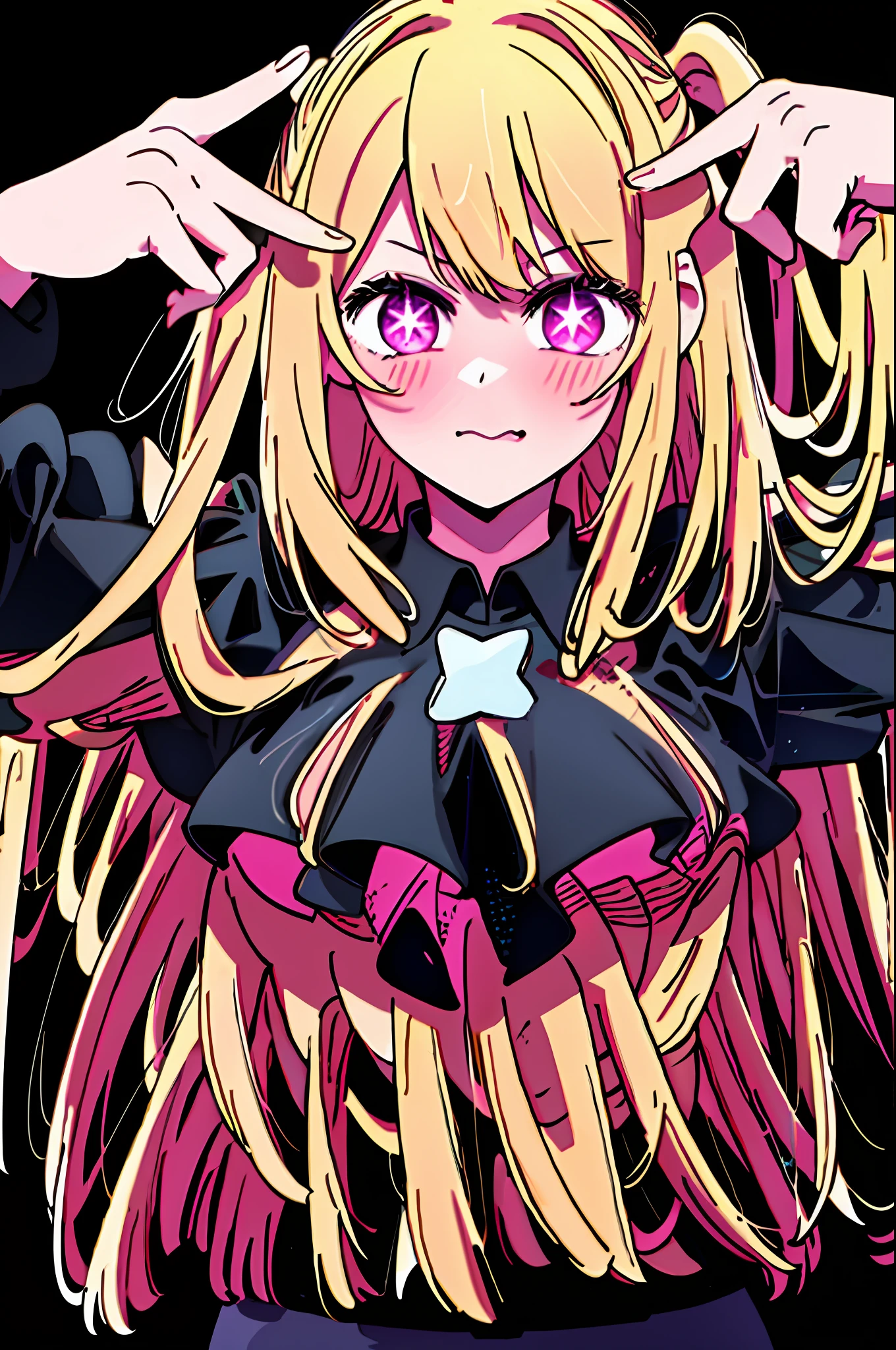 ai's pose, 1girl, black background, double v, 1girl, large breast, pink shirt, star (symbol), symbol-shaped pupils, blonde hair, pink eyes, star shaped eyes in right eye, star shaped right eye, mouth open, blushing