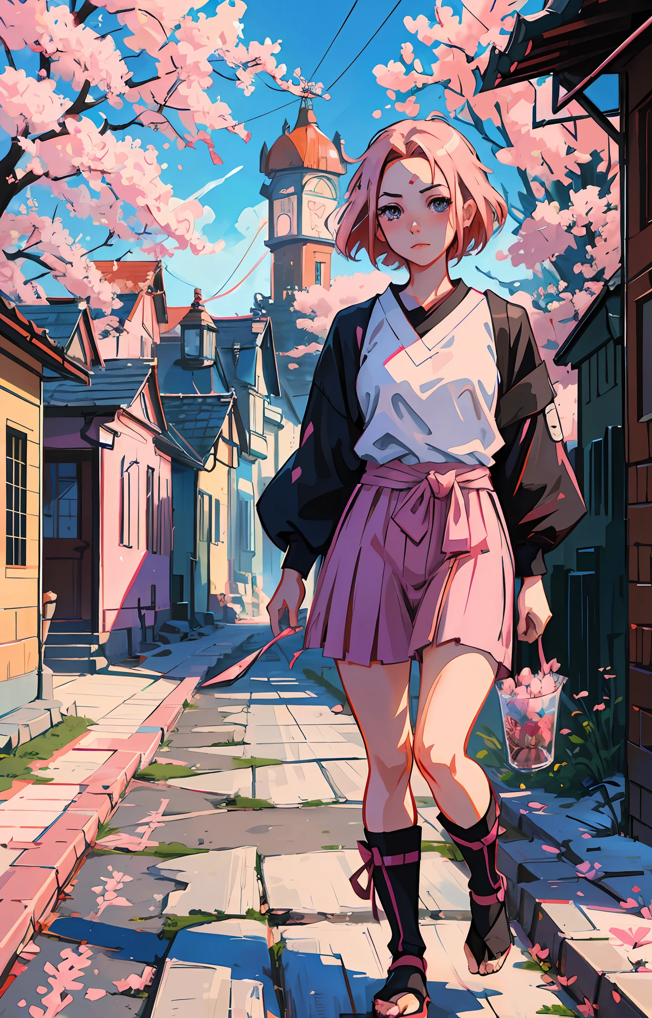 Sakura haruno, ANIME NARUTO, NINJA, ((forehead the show)), attractive, wearing a red blouse, pink hair, delicate, young, short hair, detailed face, in a village, full body, looking at the viewer, bandana on the head, trend in art by rhads, andreas rocha, rossdraws, makoto shinkai, laurie greasley, lois van baarle, ilya kuvshinov and greg rutkowski