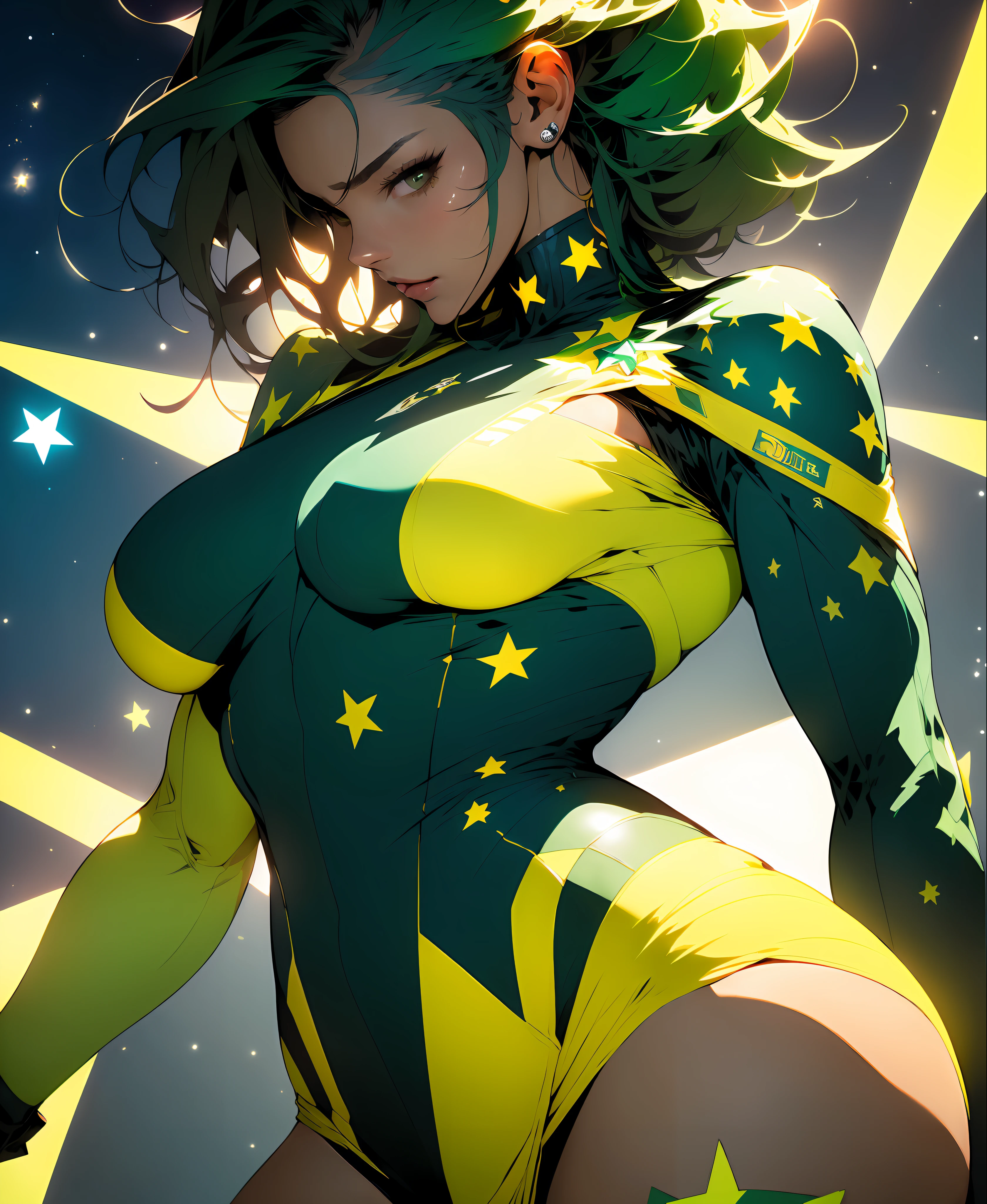 ((Best quality)), ((masterpiece)), (detailed: 1.4), Female fighter pilot defined muscular body, wearing a stewardess hat, half-thick bare thighs, closed mouth, only panties, muscular body parts covered by technological clothing, (((large breasts)) perfect, generous neckline, ((green and yellow clothing, dark blue arm with white stars)), Brazil, pastel, mohawk black short hair with yellow green locks,  short underwear, garter belt, by mucha, niji --V5, close to real, best quality, almost naked, psychopathic, crazy face, inside an airplane cockpit, piloting, sexy pose, starry night background, 2 pieces outfit, star and lightning drawings on the arms, cyberpunk, dark green bra with white stars, stars covering the breasts, (((clothes with the colors of the Brazilian flag))),  Pointed shoulder pads, Green eyes without pupils, HDR (High Dynamic Range),Ray Tracing,NVIDIA RTX,Super-Resolution,Unreal 5,Subsurface dispersion, PBR texture, Post-processing, Anisotropic filtering, Depth of field, Maximum clarity and sharpness, Multilayer textures, Albedo and specular maps, Surface shading, Accurate simulation of light-material interaction, Perfect proportions, Octane Render, Two-tone lighting, Wide aperture, Low ISO,  White Balance, Rule of Thirds, 8K RAW, crysisnanosuit