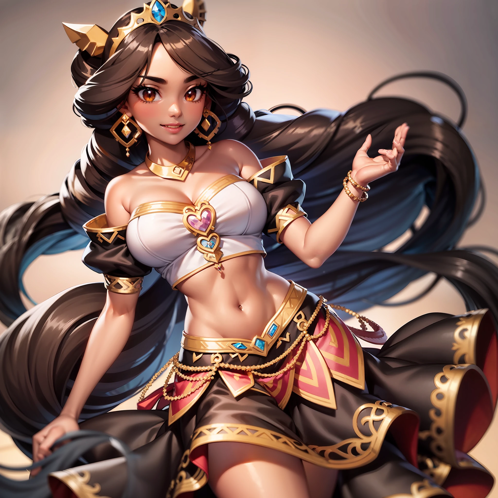 1girl, solo, jewelry, long_hair, earrings, black_hair, necklace midriff, simple_background, full_body, smile, dark-skinned_female, see-through, off-shoulder_shirt, dark_skin, standing, very_long_hair, tiara, brown_eyes, looking_at_viewer, black_eyes, open_mouth, gem, lips, long_skirt, low-tied_long_hair, makeup, pendant, hairband, multi-tied_hair, princess, large_breasts, cleavage, eyelashes, arms behind back, white background, plaid skirt, miniskirt, black skirt, shirt, top,