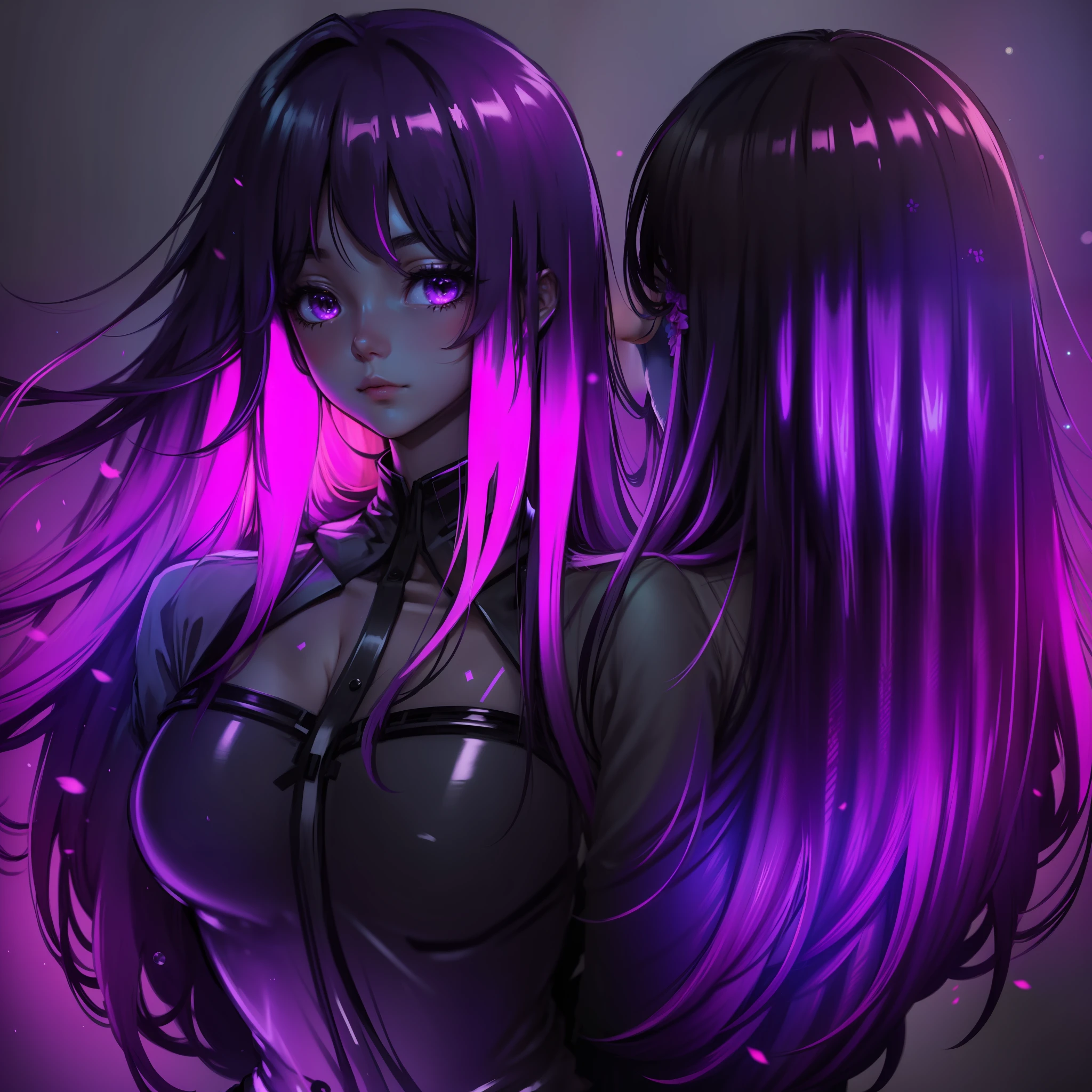 long hair beautiful girl anime hair flouresente hair shinier, neon purple color mixed with neon orange