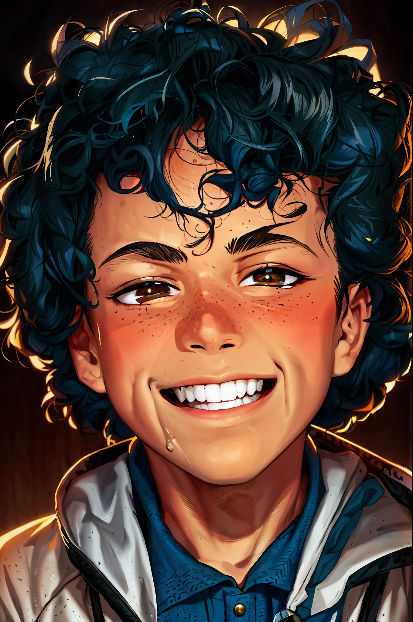 (Gigachad:1.2), detailed face and eyes, realistic, smile, kodachrome,a boy with black curly hair,brown eyes,fair skin