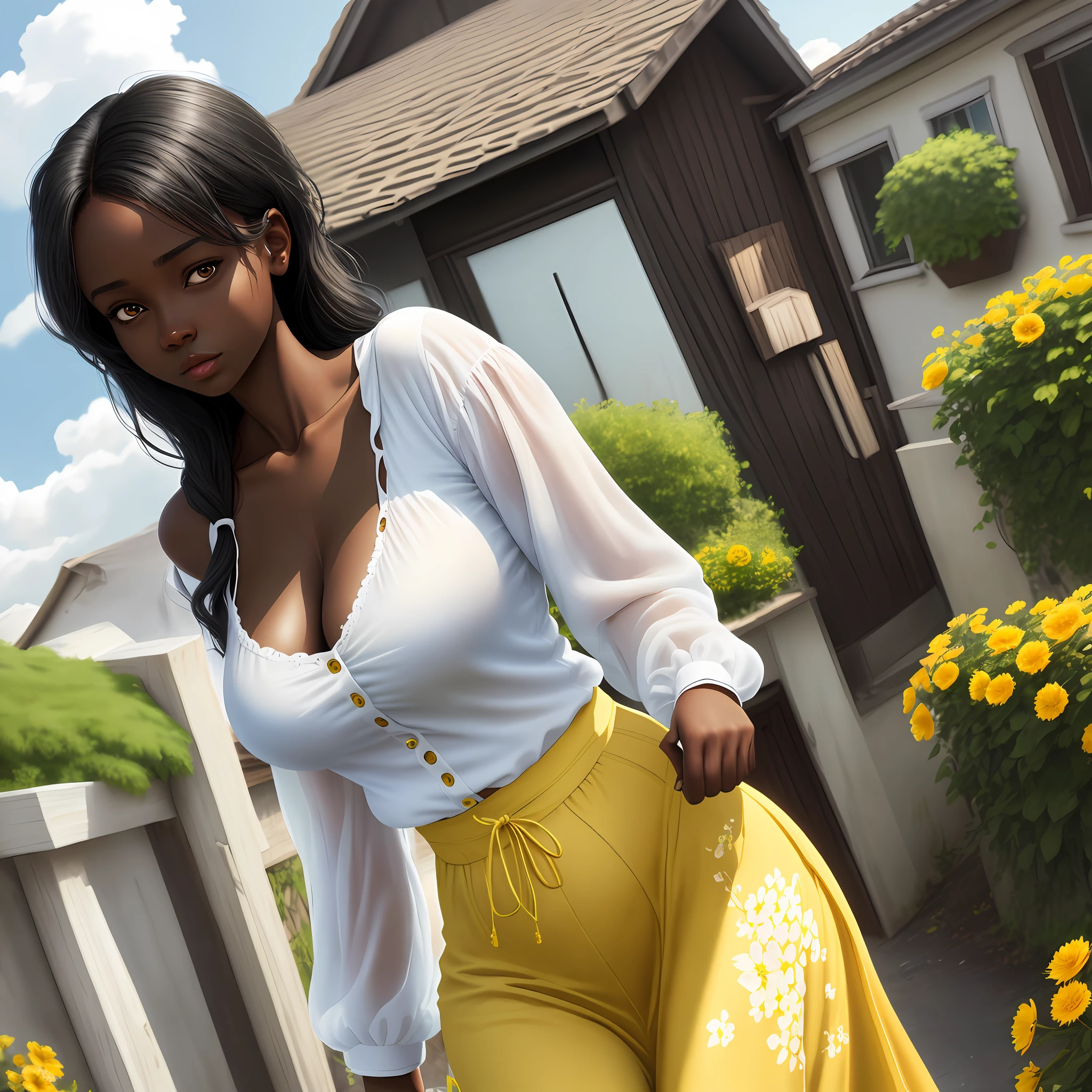 Realistic photo, open sky, black girl, big breasts, white shirt, thin waist, 4k, ultra-realistic, detailed face, detailed skin, street full of houses, neckline, open clothes, yellow flowery dress, ultra realism, photo 0rofissional