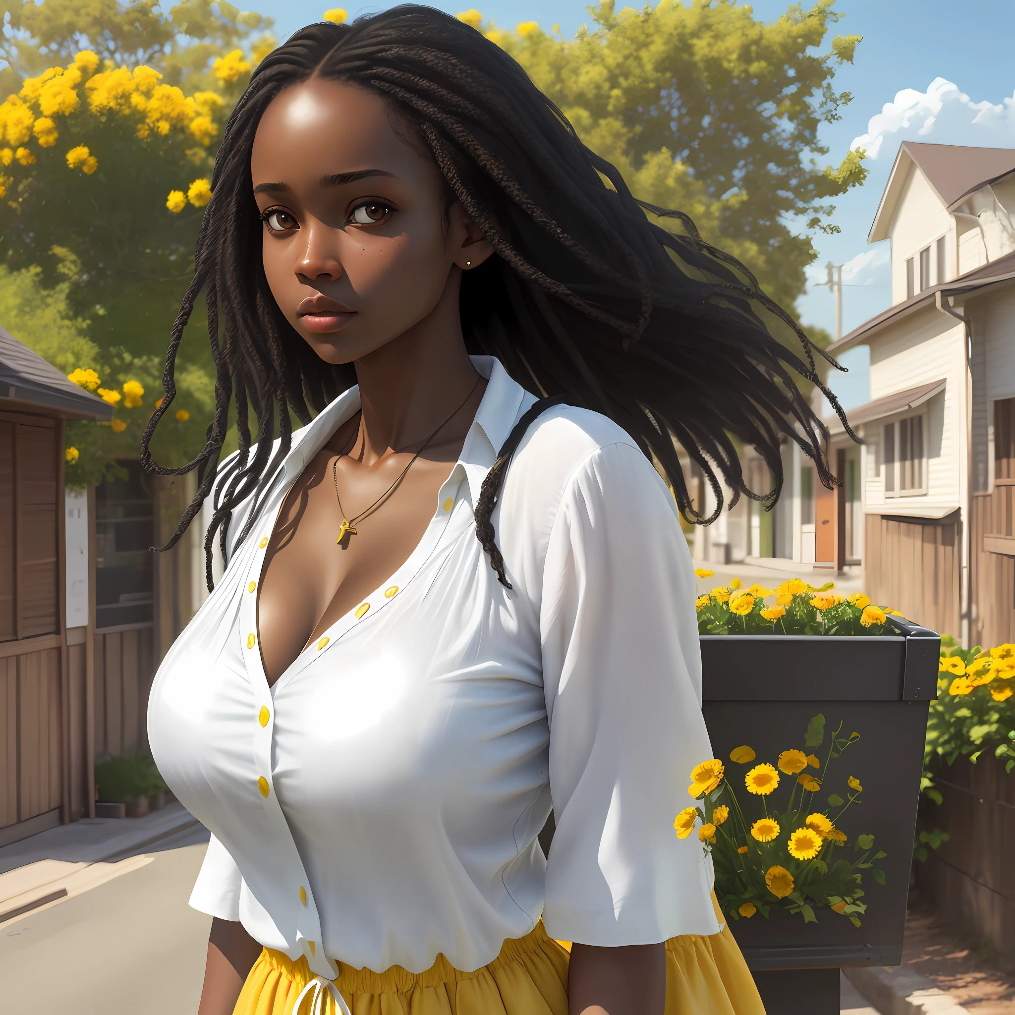 Realistic photo, open sky, black girl, big breasts, white shirt, thin waist, 4k, ultra-realistic, detailed face, detailed skin, street full of houses, neckline, open clothes, yellow flowery dress, ultra realism, photo 0rofissional