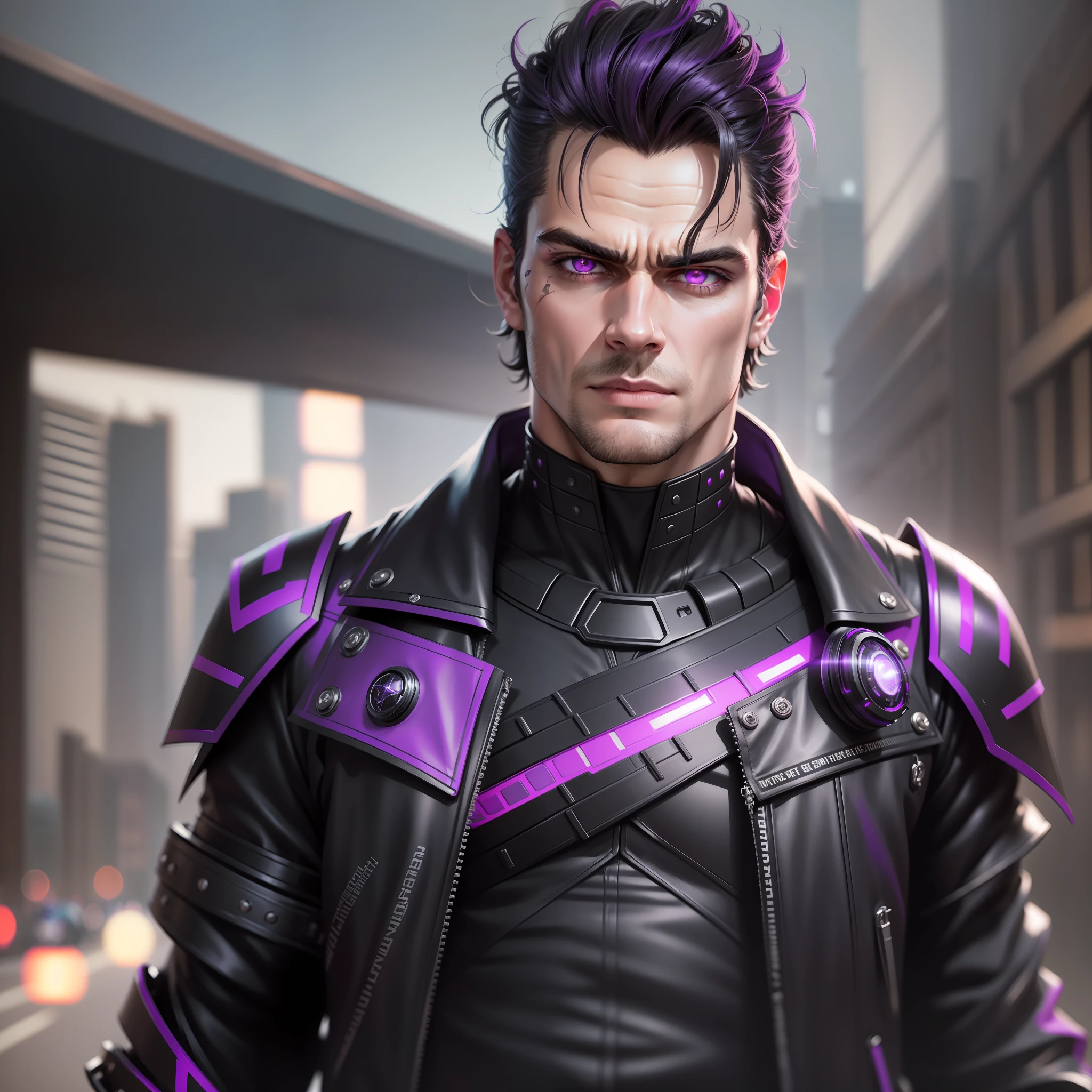"(black and purple punk jacket:1) dark theme :: focus on closeup face, face Henry Cavill, ultra realistic futuristic cyberpunk muscular bald male in front of futuristic building :: cool cybernetic punk jacket neon red eyes :: with metallic black shirt :: natural lighting :: bokeh :: 8k :: best quality :: masterpiece :: insanely detailed:1.5 :: full body photography"