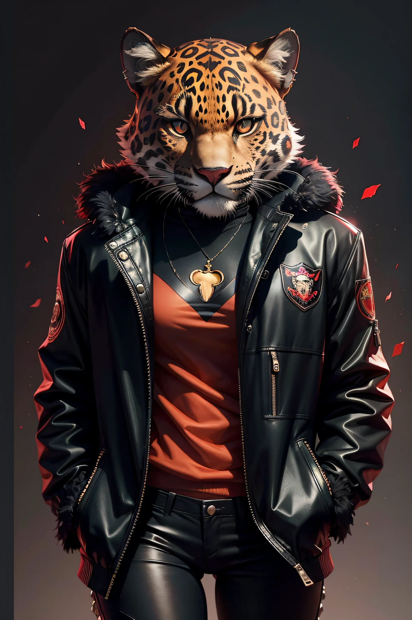 Anthropomorphic furry jaguar (high quality) (ultra details) looking at the viewer with black pants and dark jacket with red details Young girl