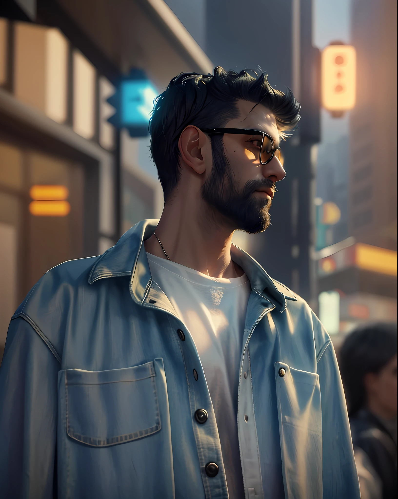 Detailed portrait of a man with light beard, looking to the right, artist man, black denim jacket, wearing glasses, night, cyberpunk, glowing, detailed background, masterpiece, best quality