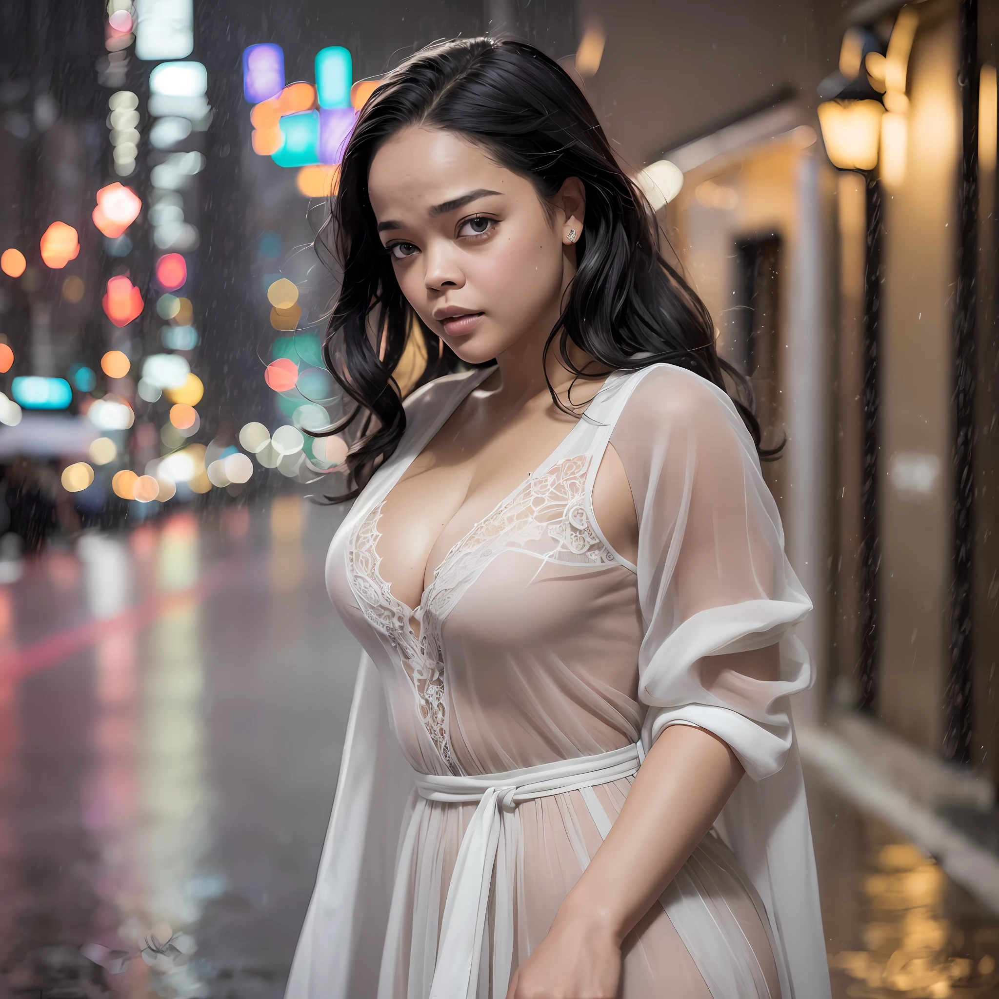 (( Tessa Thompson)) (8k, RAW photo, best quality, masterpiece: 1.2), (realistic, photorealistic: 1.37), 1 girl, cityscape, night, rain, wet, professional lighting, photon mapping, radiosity, Chinese doll, torn, shirt, large breasts, nurse, wedding dress