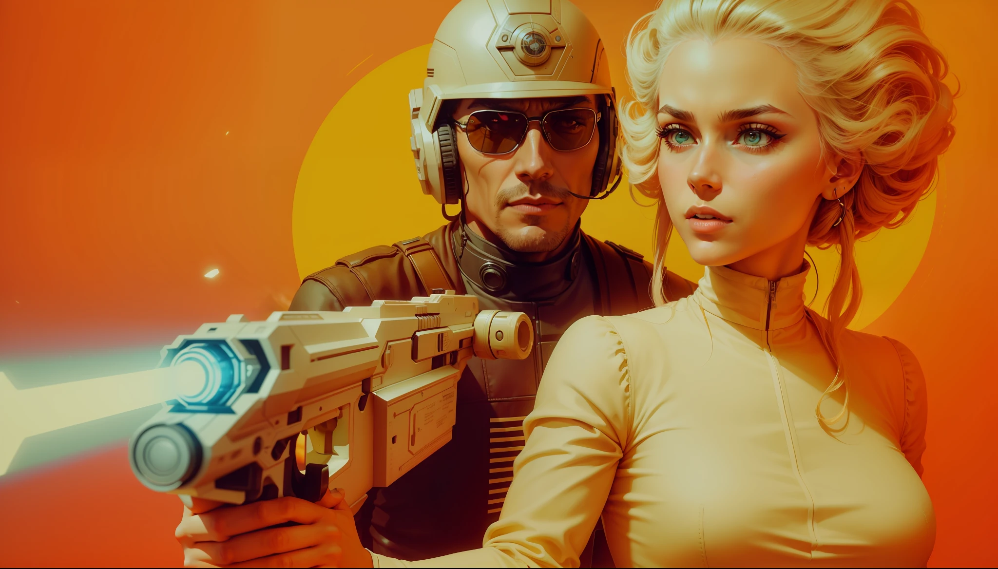 a man and a woman holding a gun, a colorized photo by John Avon, trending on cg society, retrofuturism, sci-fi, reimagined by industrial light and magic, toonami