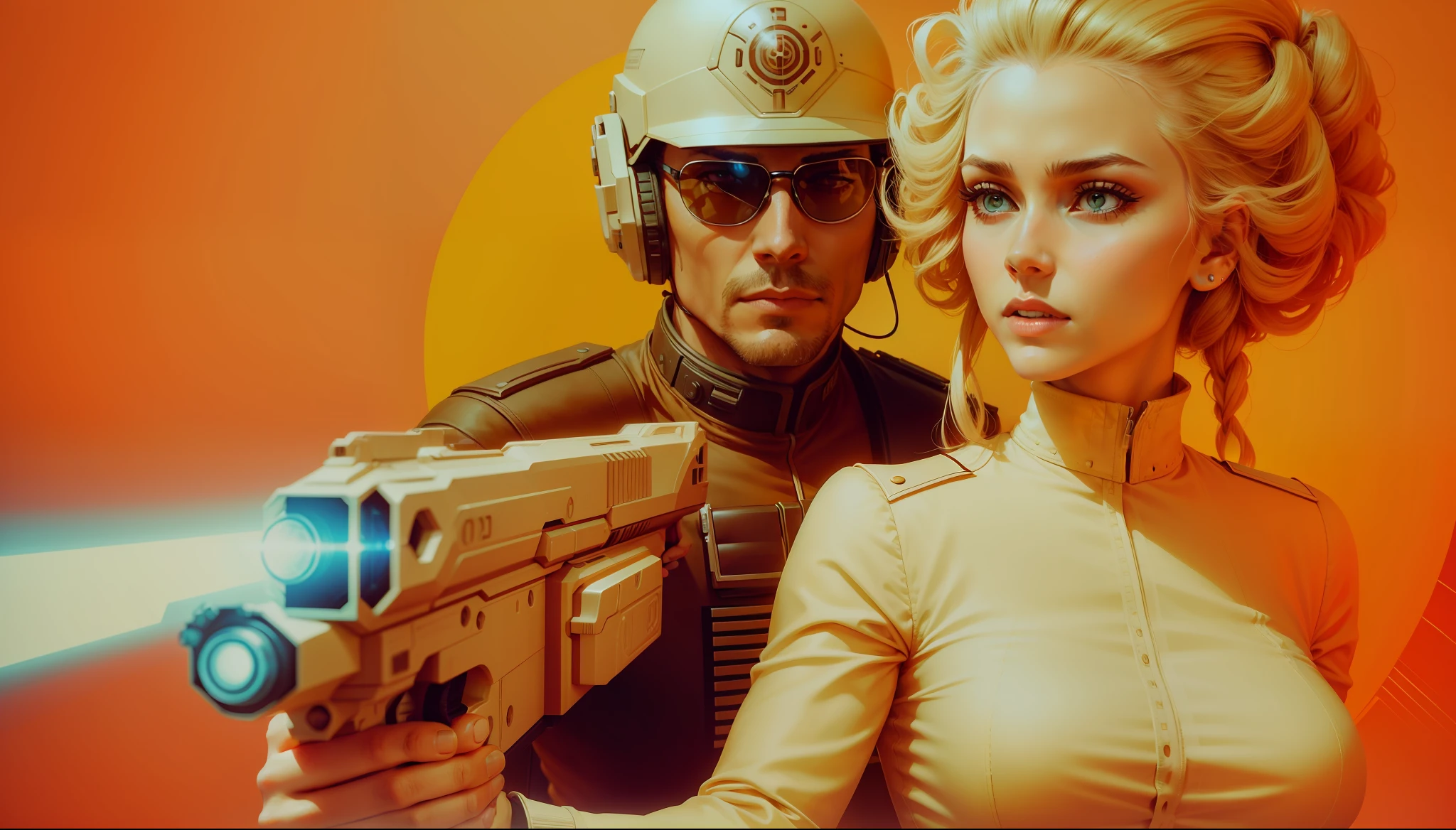 a man and a woman holding a gun, a colorized photo by John Avon, trending on cg society, retrofuturism, sci-fi, reimagined by industrial light and magic, toonami
