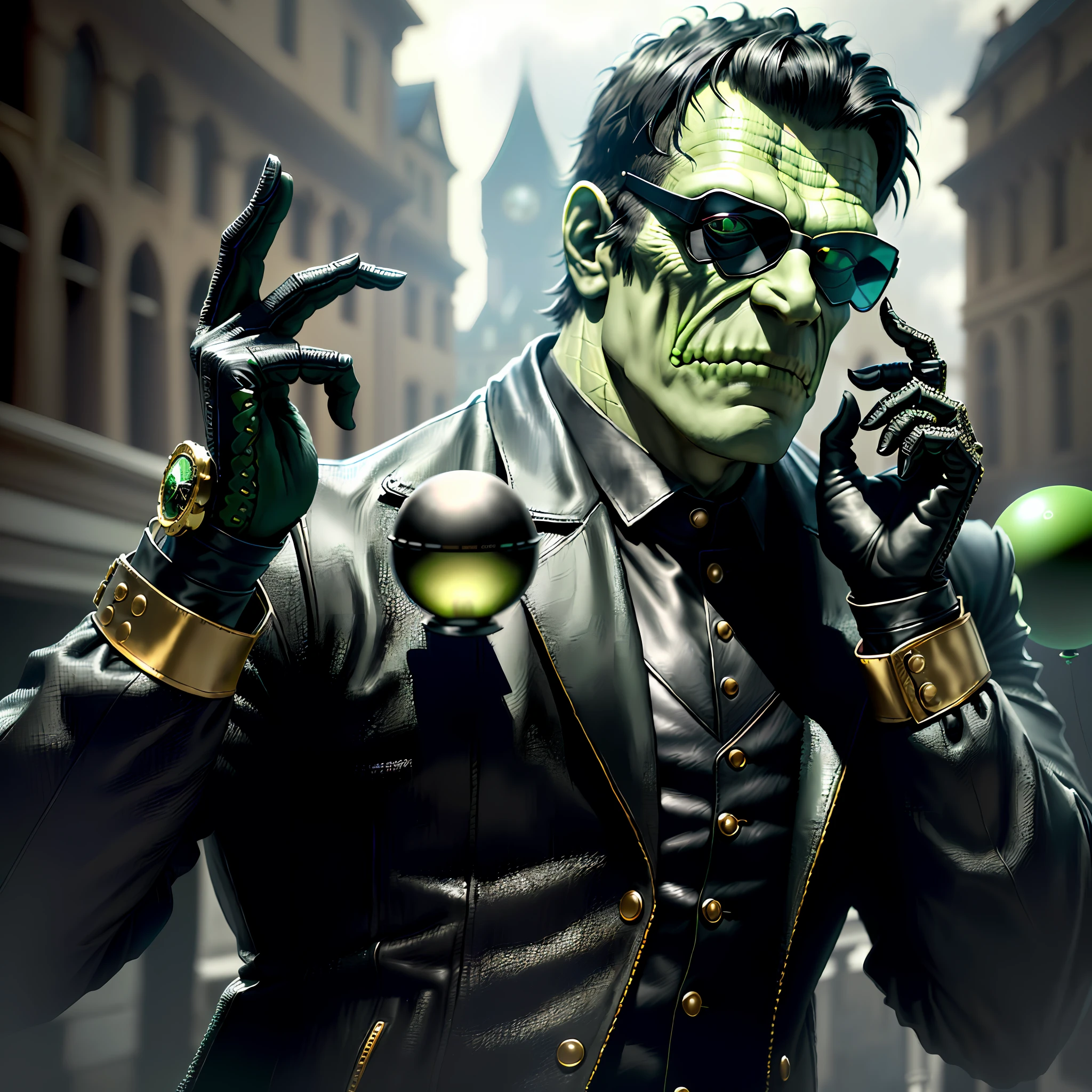 "((Highly detailed)), ((super realistic)), ((4k image)), ((color balance)), ((detailed hand)), Monster Frankenstein, wearing black leather suit, green face, black hair, leather glove, black sunglasses, gold watch, standing, centered on the scenery, holding small sphere, making intricate pose for photography, neutral theme, (no duplications).