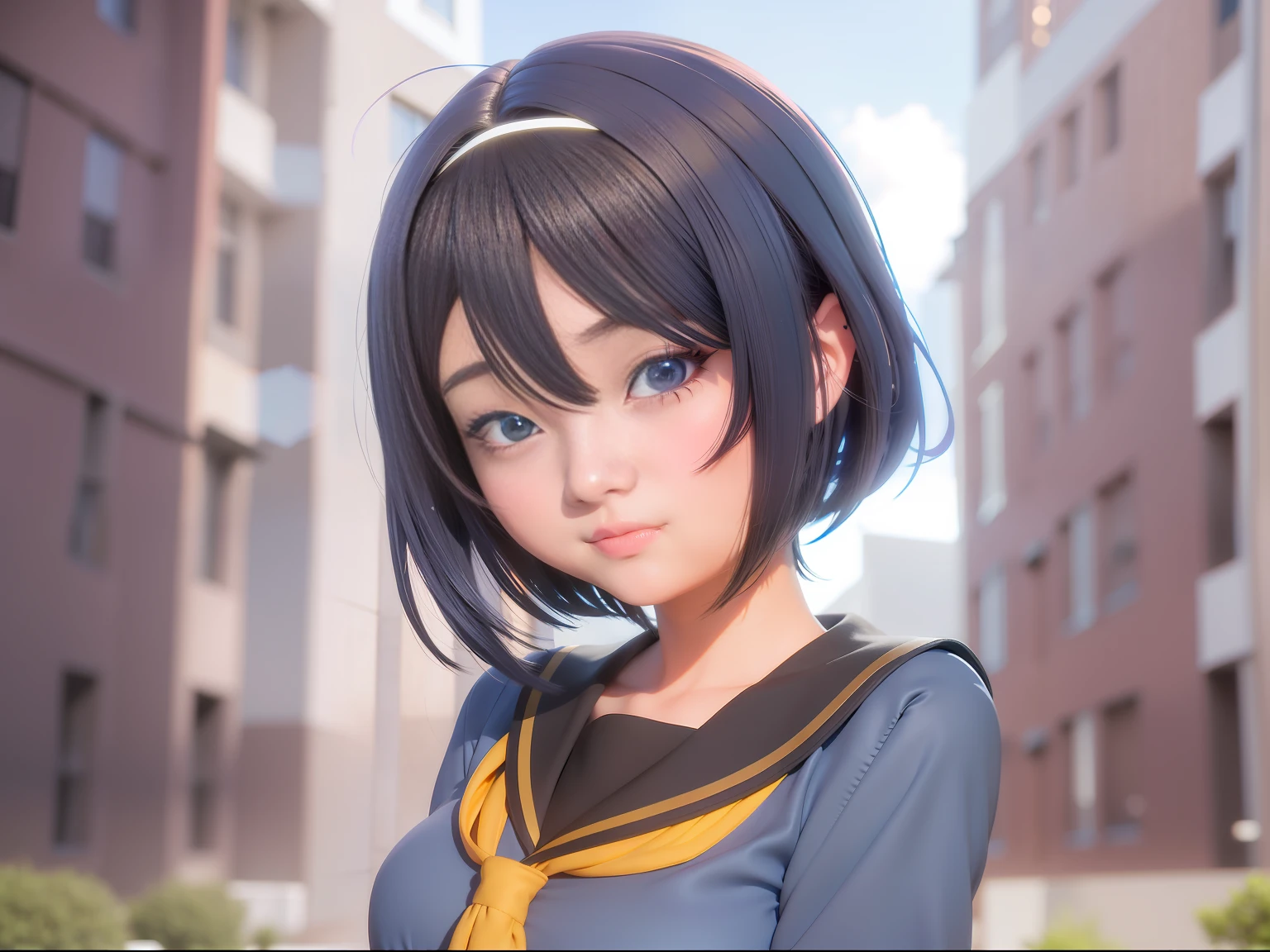 Anime girl standing in front of building with dark blue short hair hair and blue shirt, realistic anime 3 D style, realistic anime, 3 D anime realistic, realistic anime girl rendering, super realistic anime, smooth anime CG art, realistic young anime girl, render a cute 3d anime girl, anime style 3d, anime girl in real life, realistic anime art style