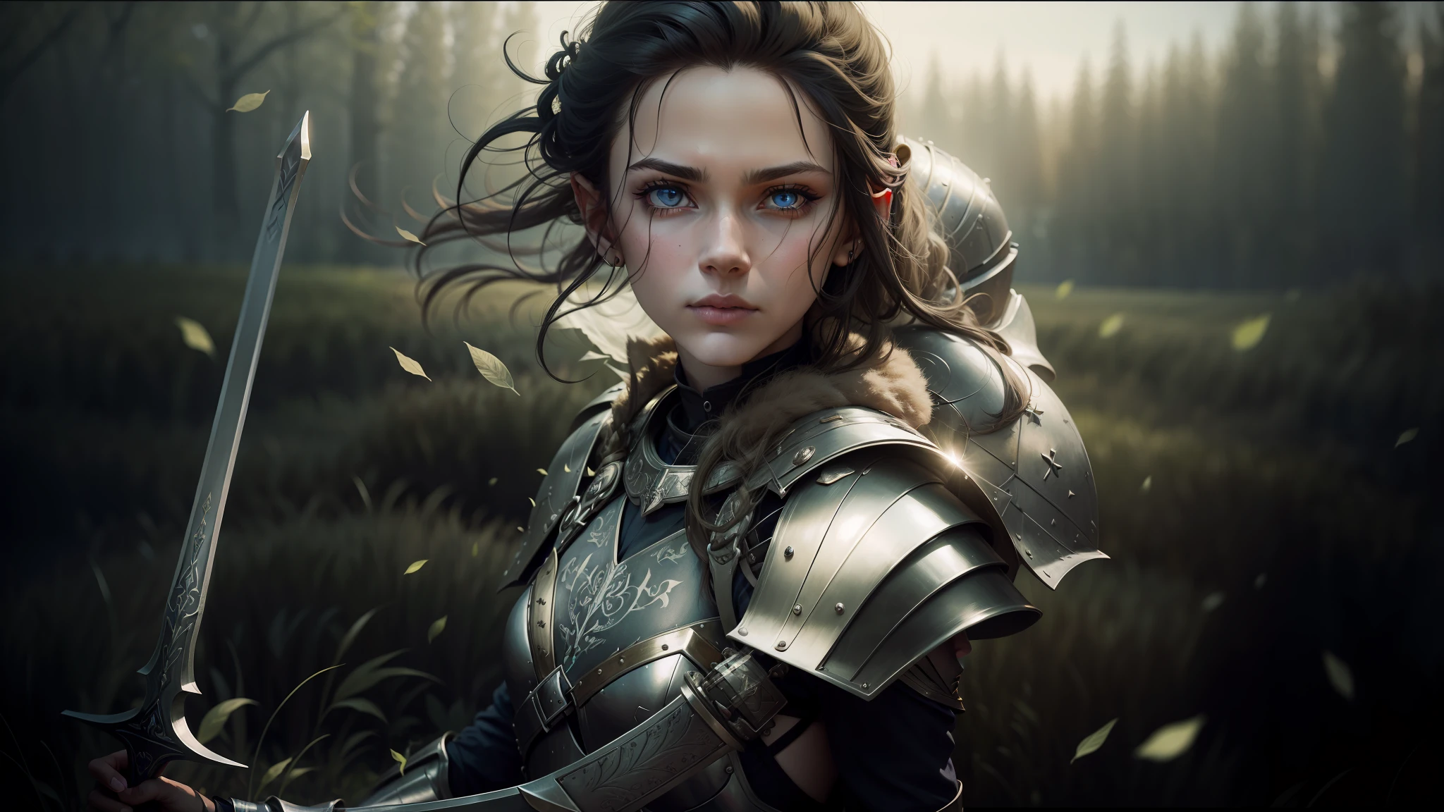 arafed woman in armor holding a sword in a field, lorem ipsum dolor sit amet, elvish, photo in style of paola kudacki, but the armor covers her face, portrait of soldier girl, inspired by Ed Binkley, piercing glowing eyes, cleric