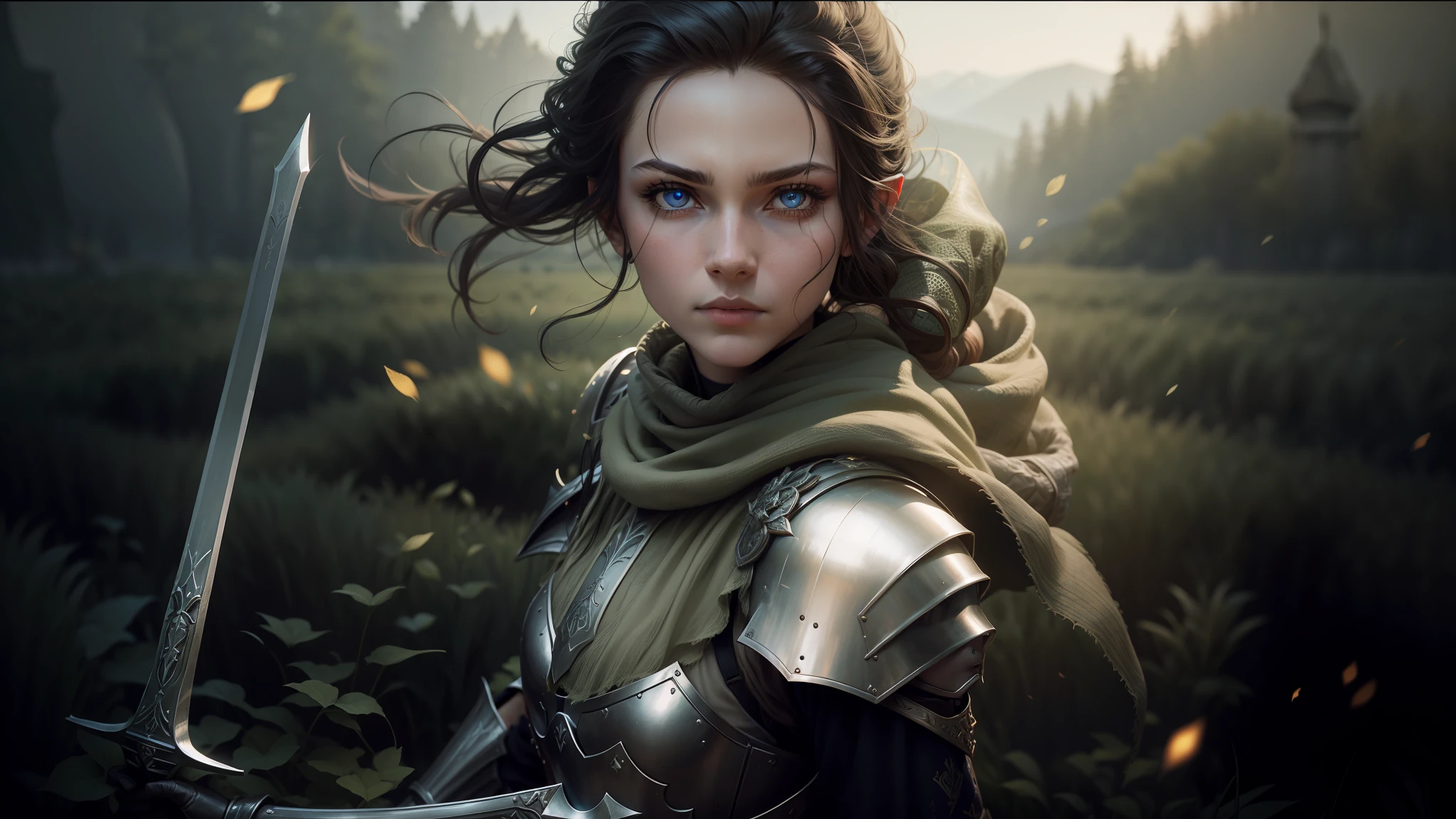 arafed woman in armor holding a sword in a field, lorem ipsum dolor sit amet, elvish, photo in style of paola kudacki, but the armor covers her face, portrait of soldier girl, inspired by Ed Binkley, piercing glowing eyes, cleric