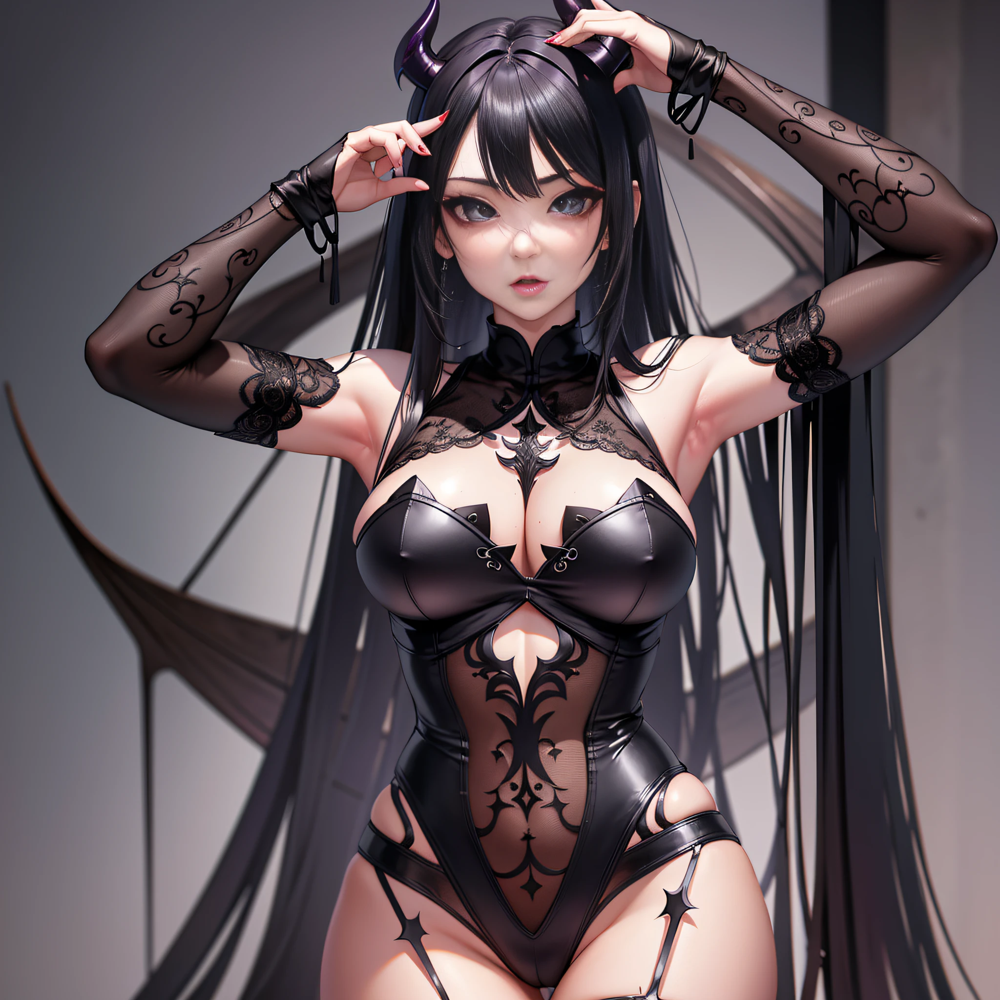 high detail raw photo masterpiece, best quality, detailed, sexy demon girl, cute girl, long legs, tall_female, beautiful_legs, asian, full body, (lingerie:0.6), (tattoo:0.4), (gothic jewelry:0.4), detailed face, Anime, flawless face, perfect eyes, highly detailed, 4 k, hdr, smooth, sharp focus, high resolution, award - winning photo