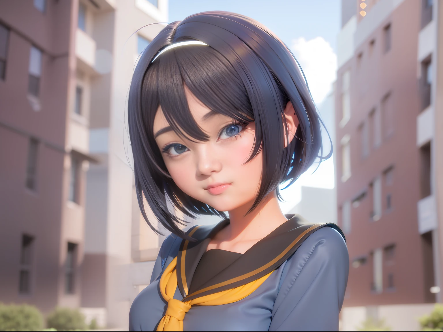 Anime girl standing in front of building with dark blue short hair hair and blue shirt, realistic anime 3 D style, realistic anime, 3 D anime realistic, realistic anime girl rendering, super realistic anime, smooth anime CG art, realistic young anime girl, render a cute 3d anime girl, anime style 3d, anime girl in real life, realistic anime art style