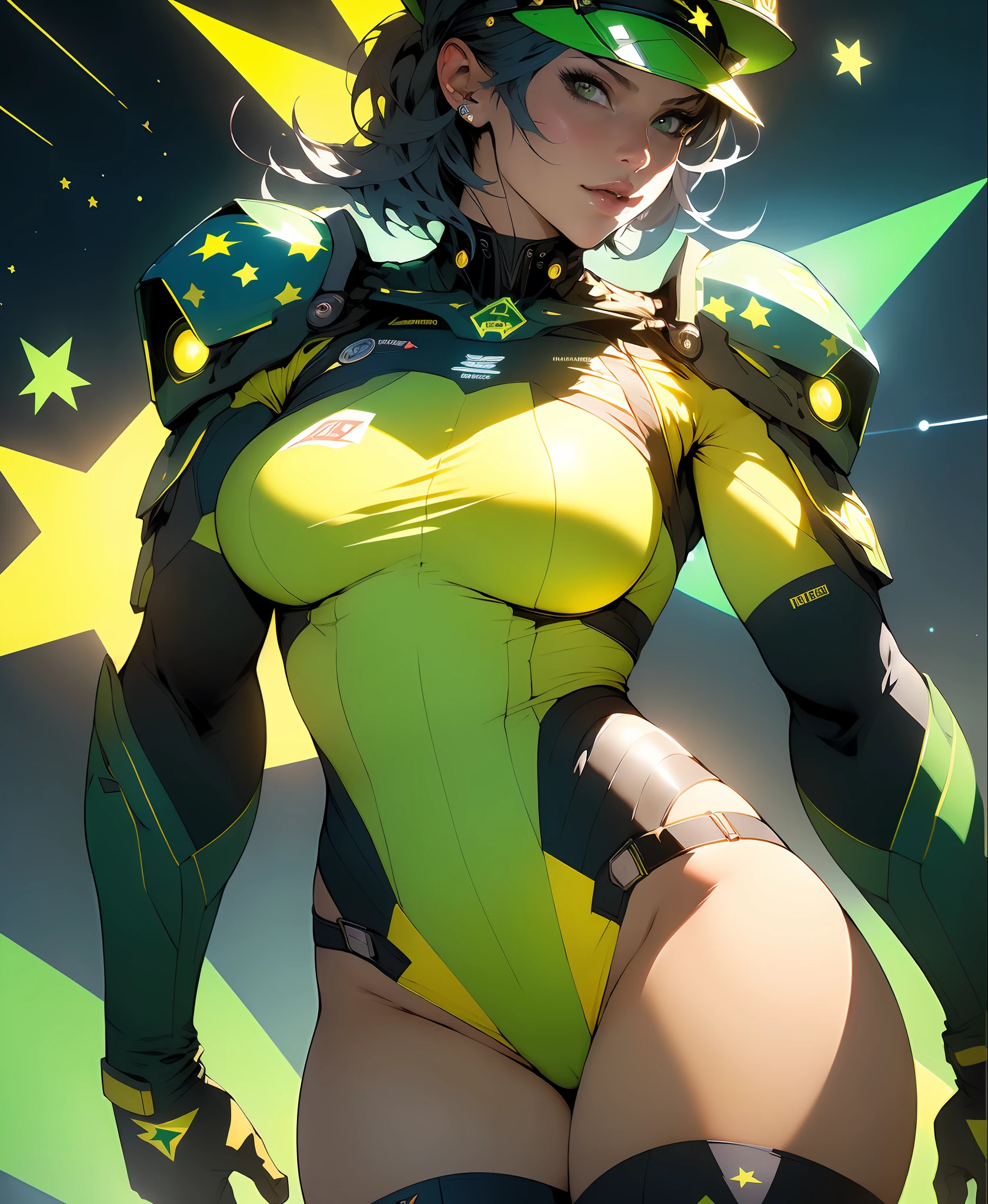 ((Best quality)), ((masterpiece)), (detailed: 1.4), Absurd, Fighter pilot woman muscular body defined, wearing a stewardess hat, half thick bare thighs, closed mouth, only panties, muscular body parts covered by technological clothing, (((large breasts)) perfect, generous neckline, ((green and yellow clothing, dark blue arm with white stars)), Brazil, pastel, mohawk black short hair with yellow green locks,  short underwear, garter belt, by mucha, niji --V5, close to real, best quality, almost naked, psychopathic, crazy face, inside an airplane cockpit, piloting, sexy pose, starry night background, 2 pieces outfit, star and lightning drawings on the arms, cyberpunk, dark green bra with white stars, stars covering the breasts, (((clothes with the colors of the Brazilian flag))),  Pointed shoulder pads, Green eyes without pupils, HDR (High Dynamic Range),Ray Tracing,NVIDIA RTX,Super-Resolution,Unreal 5,Subsurface dispersion, PBR texture, Post-processing, Anisotropic filtering, Depth of field, Maximum clarity and sharpness, Multilayer textures, Albedo and specular maps, Surface shading, Accurate simulation of light-material interaction, Perfect proportions, Octane Render, Two-tone lighting, Wide aperture, Low ISO,  White Balance, Rule of Thirds, 8K RAW, crysisnanosuit