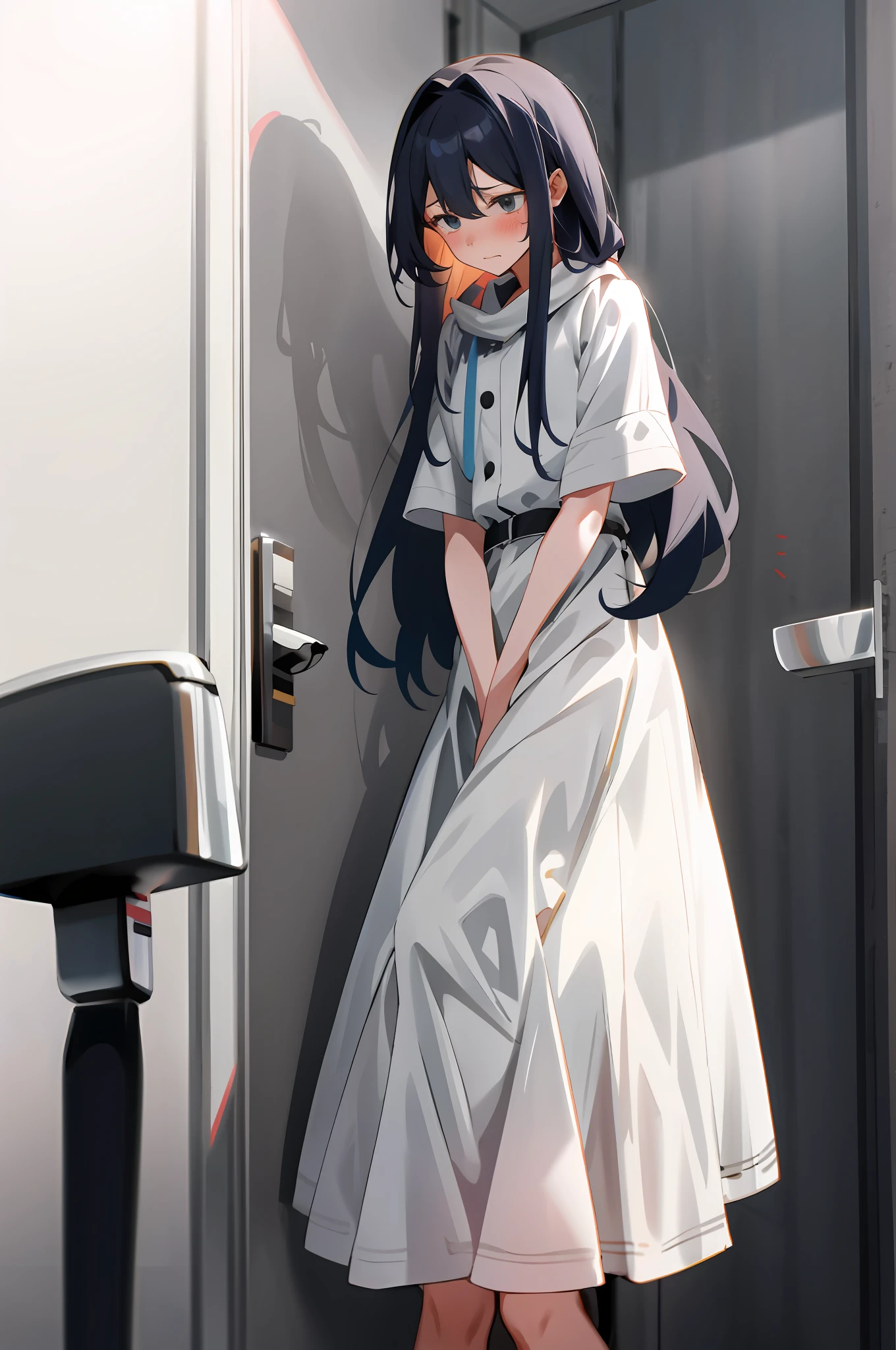 1girl with long hair and dress, 1 girl is taking to lavatory, looking away, standing, embarrassed, blush, Keep one's mouth shut, street (girl is peeing self:0.4)