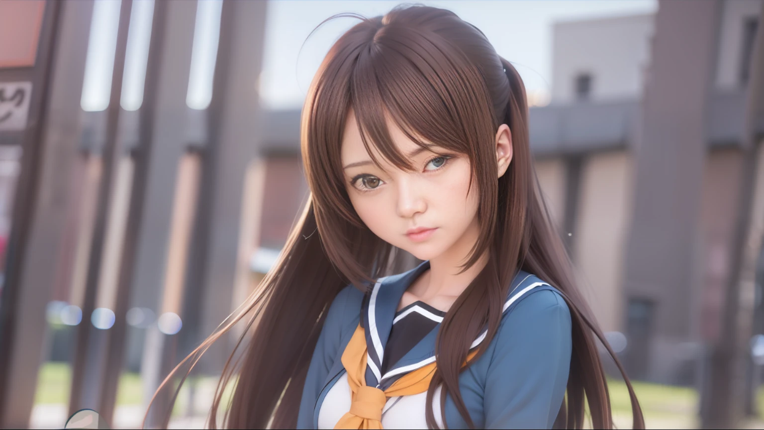 Anime girl standing in front of building with short brown hair hair and blue shirt, realistic anime 3 D style, realistic anime, 3 D anime realistic, realistic anime girl rendering, super realistic anime, smooth anime CG art, realistic young anime girl, render a cute 3d anime girl, anime style 3d, anime girl in real life, realistic anime art style