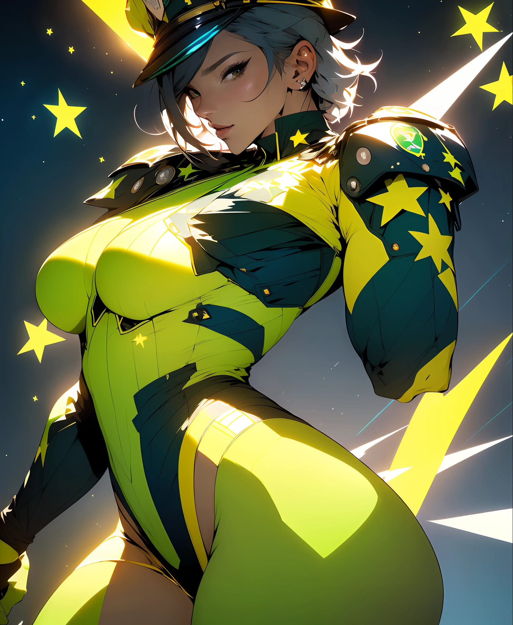 ((Best quality)), ((masterpiece)), (detailed: 1.4), Absurd, Fighter pilot woman muscular body defined, wearing a stewardess hat, half thick bare thighs, closed mouth, only panties, muscular body parts covered by technological clothing, (((large breasts)) perfect, generous neckline, ((green and yellow clothing, dark blue arm with white stars)), Brazil, pastel, mohawk black short hair with yellow green locks,  short underwear, garter belt, by mucha, niji --V5, close to real, best quality, almost naked, psychopathic, crazy face, inside an airplane cockpit, piloting, sexy pose, starry night background, 2 pieces outfit, star and lightning drawings on the arms, cyberpunk, dark green bra with white stars, stars covering the breasts, (((clothes with the colors of the Brazilian flag))),  Pointed shoulder pads, Green eyes without pupils, HDR (High Dynamic Range),Ray Tracing,NVIDIA RTX,Super-Resolution,Unreal 5,Subsurface dispersion, PBR texture, Post-processing, Anisotropic filtering, Depth of field, Maximum clarity and sharpness, Multilayer textures, Albedo and specular maps, Surface shading, Accurate simulation of light-material interaction, Perfect proportions, Octane Render, Two-tone lighting, Wide aperture, Low ISO,  White Balance, Rule of Thirds, 8K RAW, crysisnanosuit