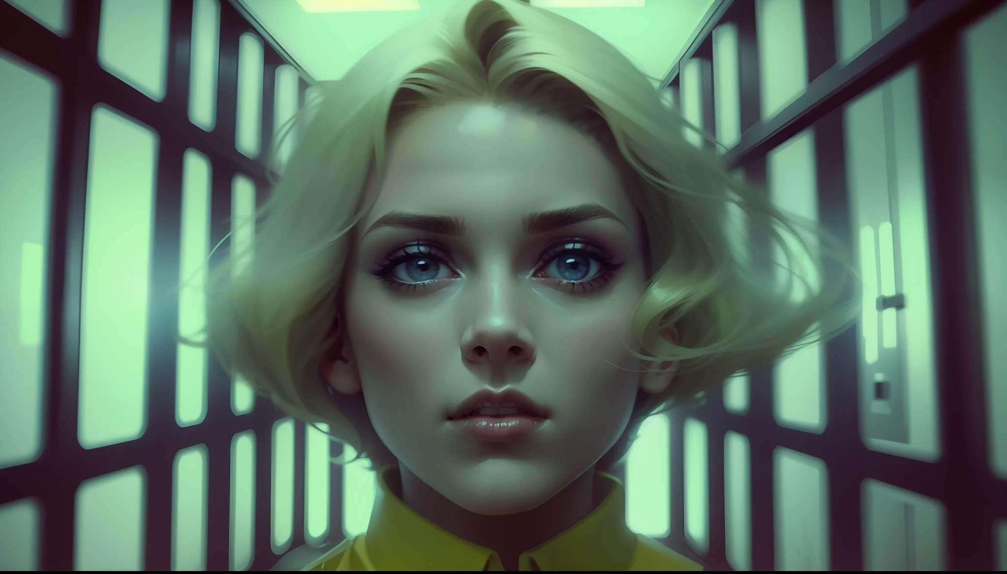 a woman with blonde hair in a jail cell, poster art by Richard Kane Ferguson, featured on cg society, video art, 1970s, cinematic, futuristic