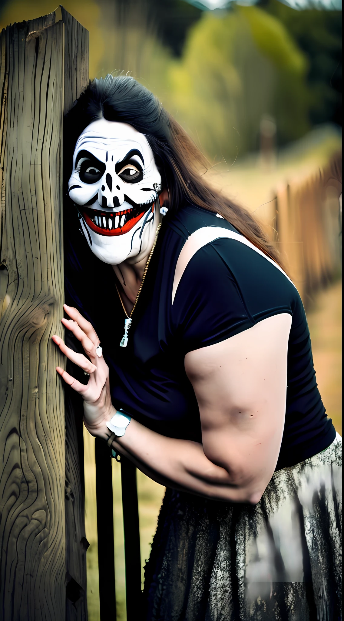 a close up of a person leaning on a wooden fence, ugly woman, ugly look, creepy smile, scary photo, insane smile, scary smile, very very creepy, very scary photo, creepy photo, scary look, scary portrait, very creepy, creepy pose, terrified 👿, profile image, ugly face, kailee mandel, creepy photography