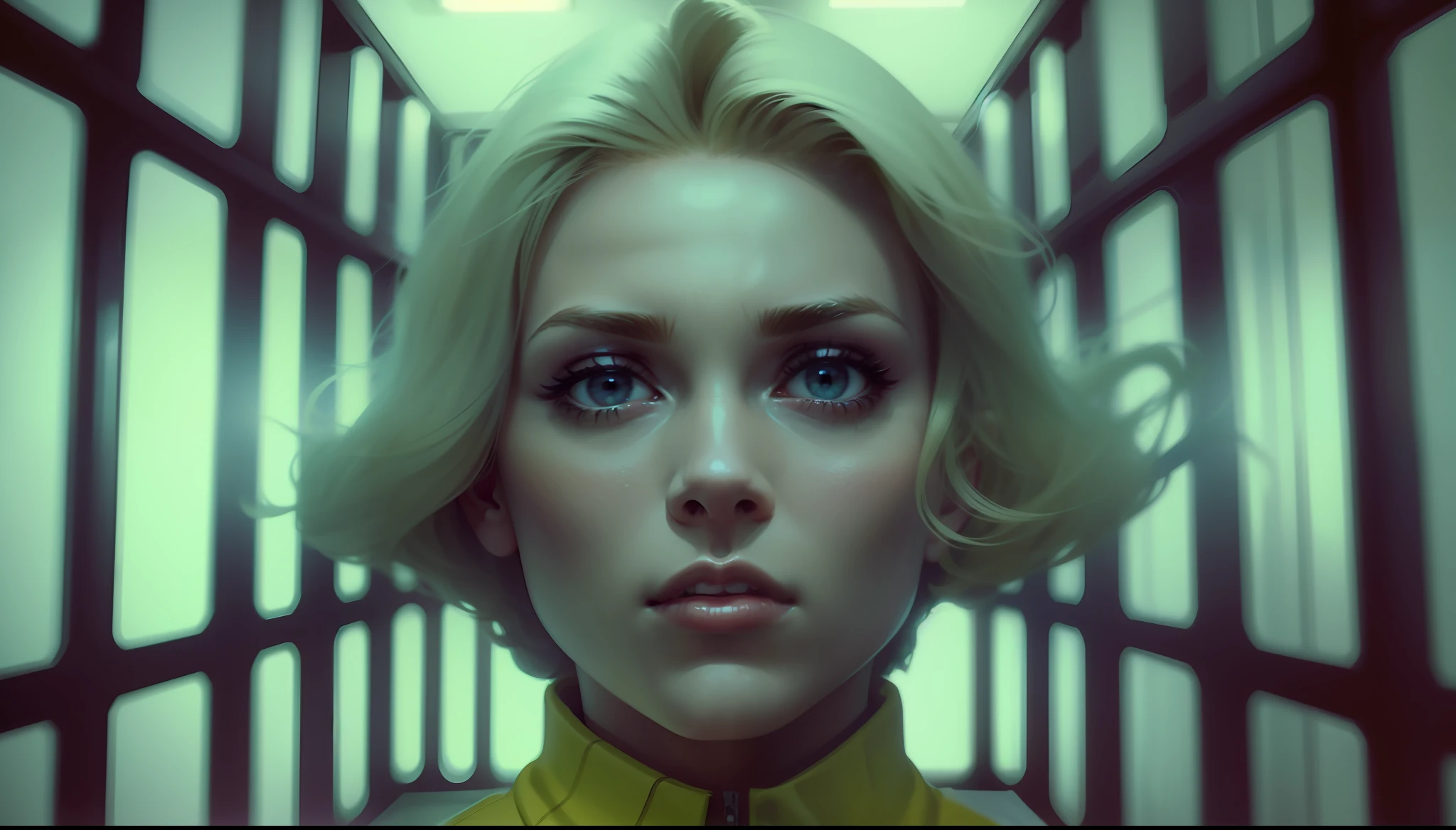 a woman with blonde hair in a jail cell, poster art by Richard Kane Ferguson, featured on cg society, video art, 1970s, cinematic, futuristic