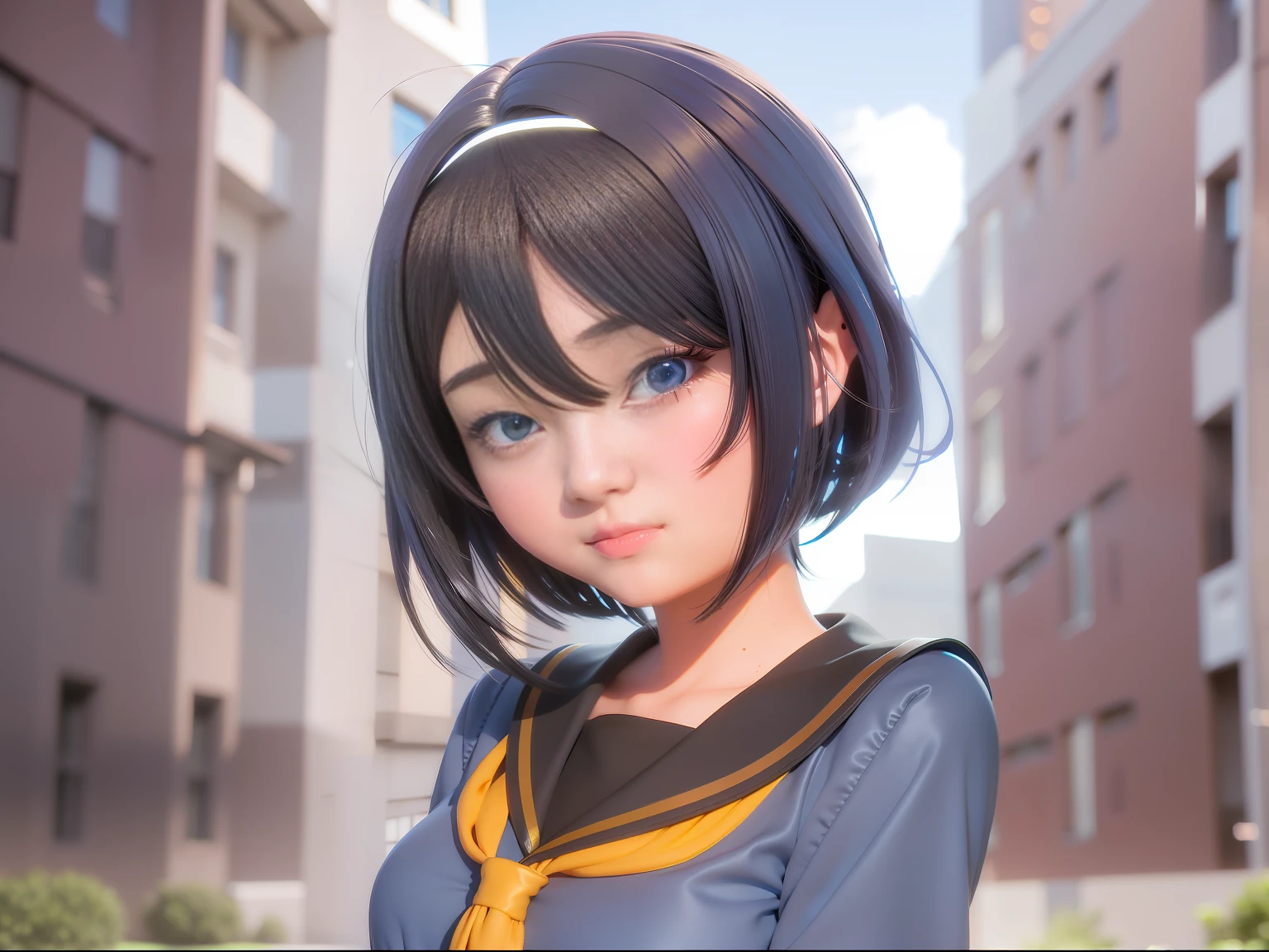 Anime girl standing in front of building with dark blue short hair hair and blue shirt, realistic anime 3 D style, realistic anime, 3 D anime realistic, realistic anime girl rendering, super realistic anime, smooth anime CG art, realistic young anime girl, render a cute 3d anime girl, anime style 3d, anime girl in real life, realistic anime art style
