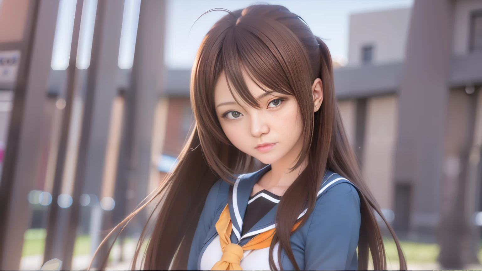 Anime girl standing in front of building with short brown hair hair and blue shirt, realistic anime 3 D style, realistic anime, 3 D anime realistic, realistic anime girl rendering, super realistic anime, smooth anime CG art, realistic young anime girl, render a cute 3d anime girl, anime style 3d, anime girl in real life, realistic anime art style
