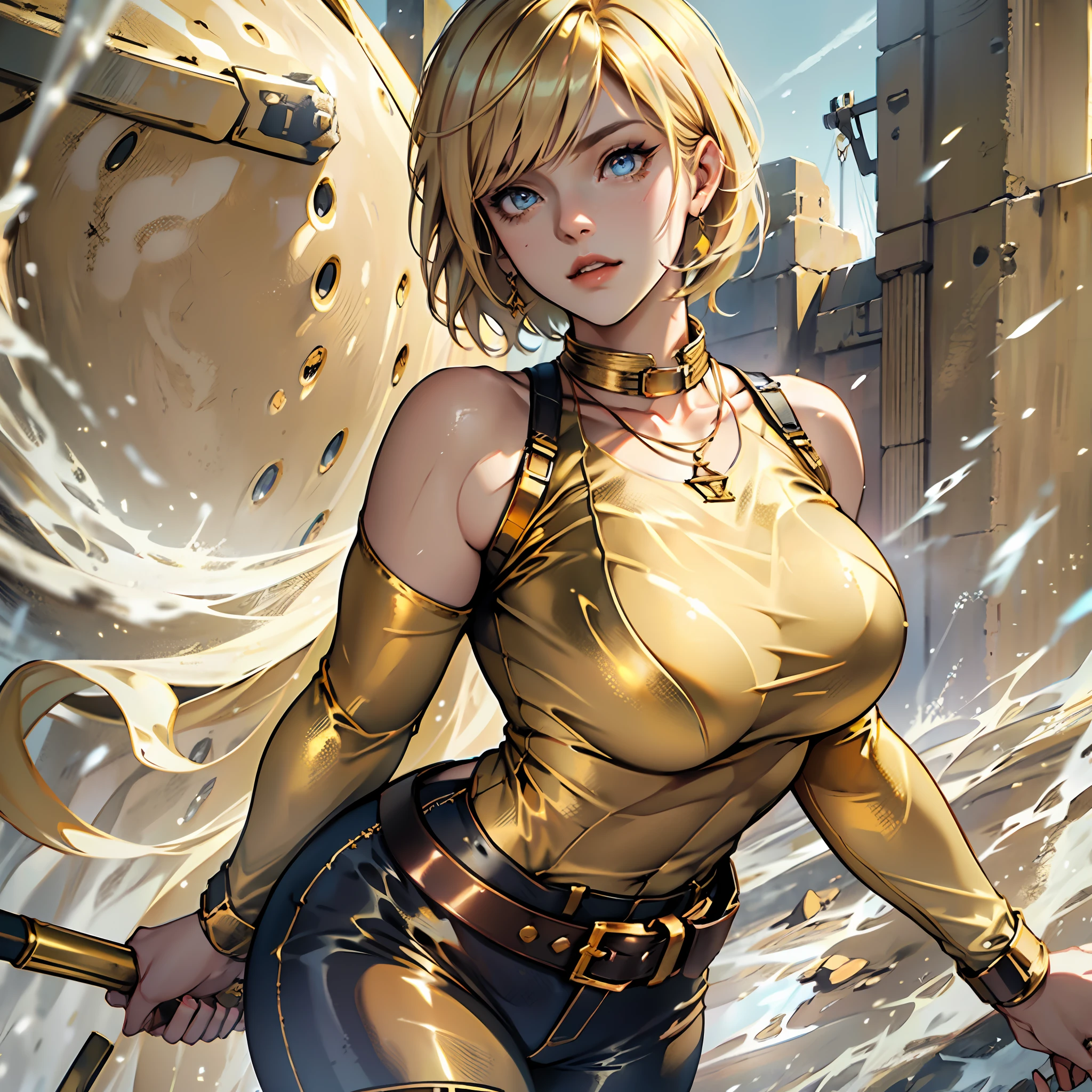 Blonde hair, short hair, bangs, beautiful woman, tight brown blouse, golden belt, large breasts, curvy woman, thin waist, thick legs, female boots of burnt yellow color, golden necklace, light blue colored eyes, tight blue pants, battlefield, war, costume scenery.