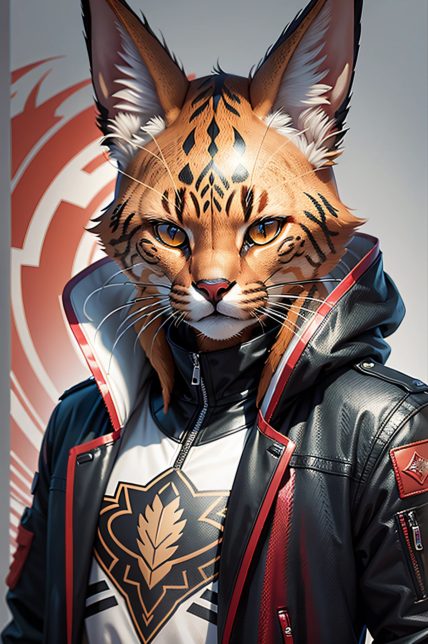 Caracal Furry anthropomorphic (high quality) (ultra details) looking at the viewer with dark jacket and red details