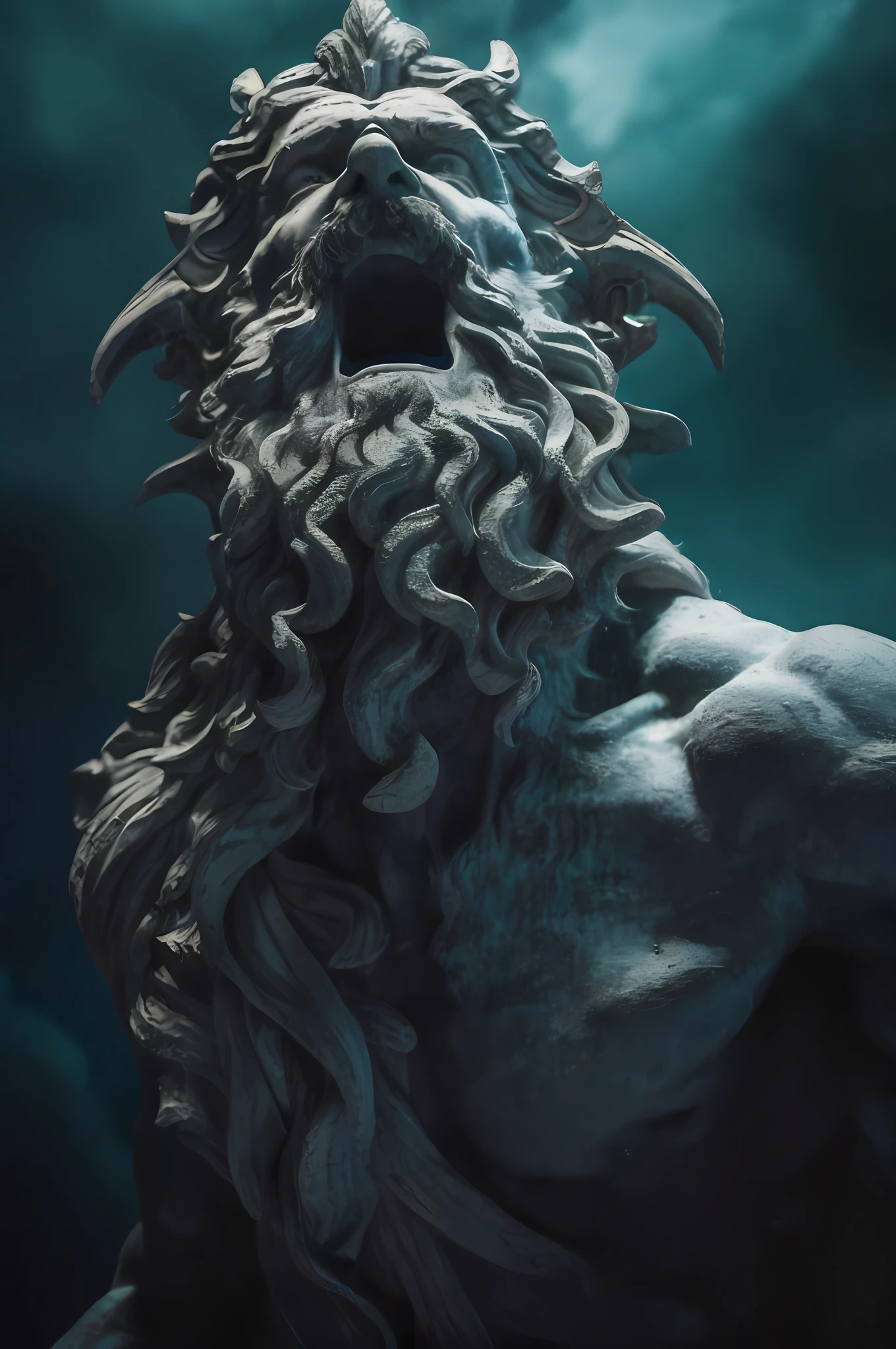 Poseidon, Neptune, trident, Garland, war, savage, screaming, insane style, cinematic photography style, quilt eliminating light  ::2, Panoramic View, captured by canon R8 400mm F5. 4 HD result, cinematic photography style –upbeta --ar 2:3 --chaos 100 --s 750 -