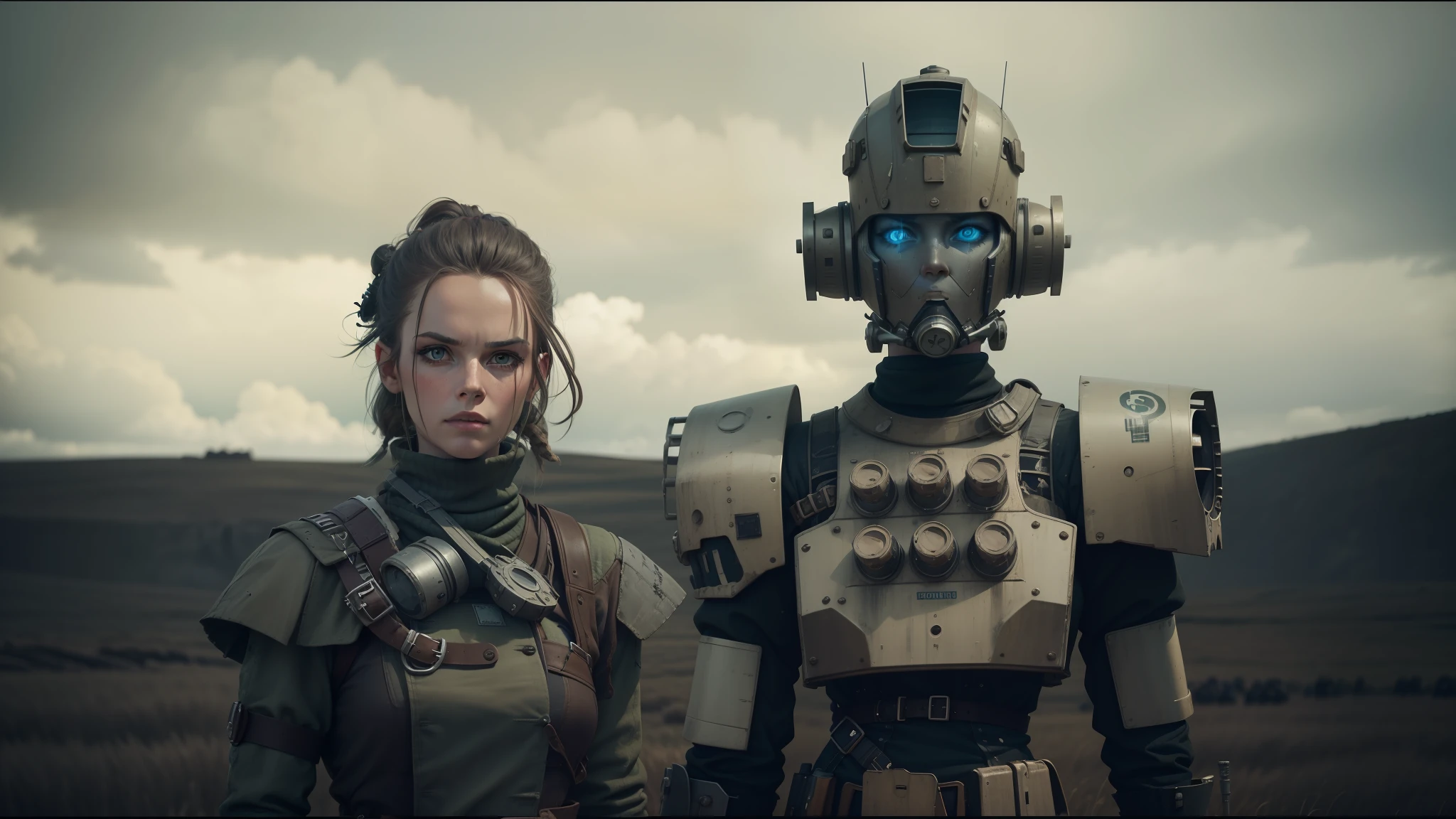 there is a woman standing next to a robot in a field, inspired by Nína Tryggvadóttir, vfx, smogpunk, irreverent characters, an epic non - binary model, moorland, medium shot of two characters, after effects, human soldiers, oilpunk, by Nína Tryggvadóttir, pathfinder