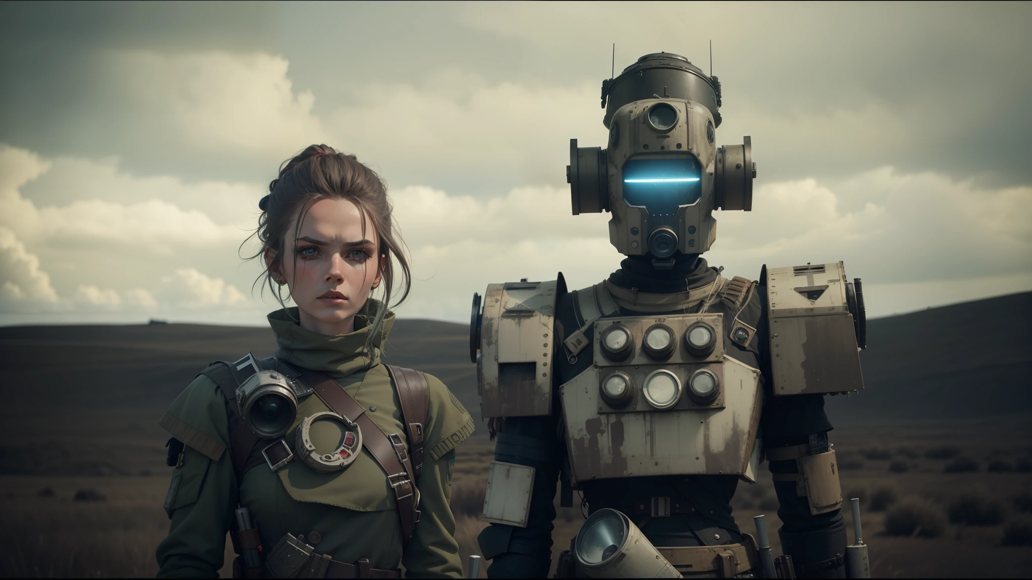 there is a woman standing next to a robot in a field, inspired by Nína Tryggvadóttir, vfx, smogpunk, irreverent characters, an epic non - binary model, moorland, medium shot of two characters, after effects, human soldiers, oilpunk, by Nína Tryggvadóttir, pathfinder