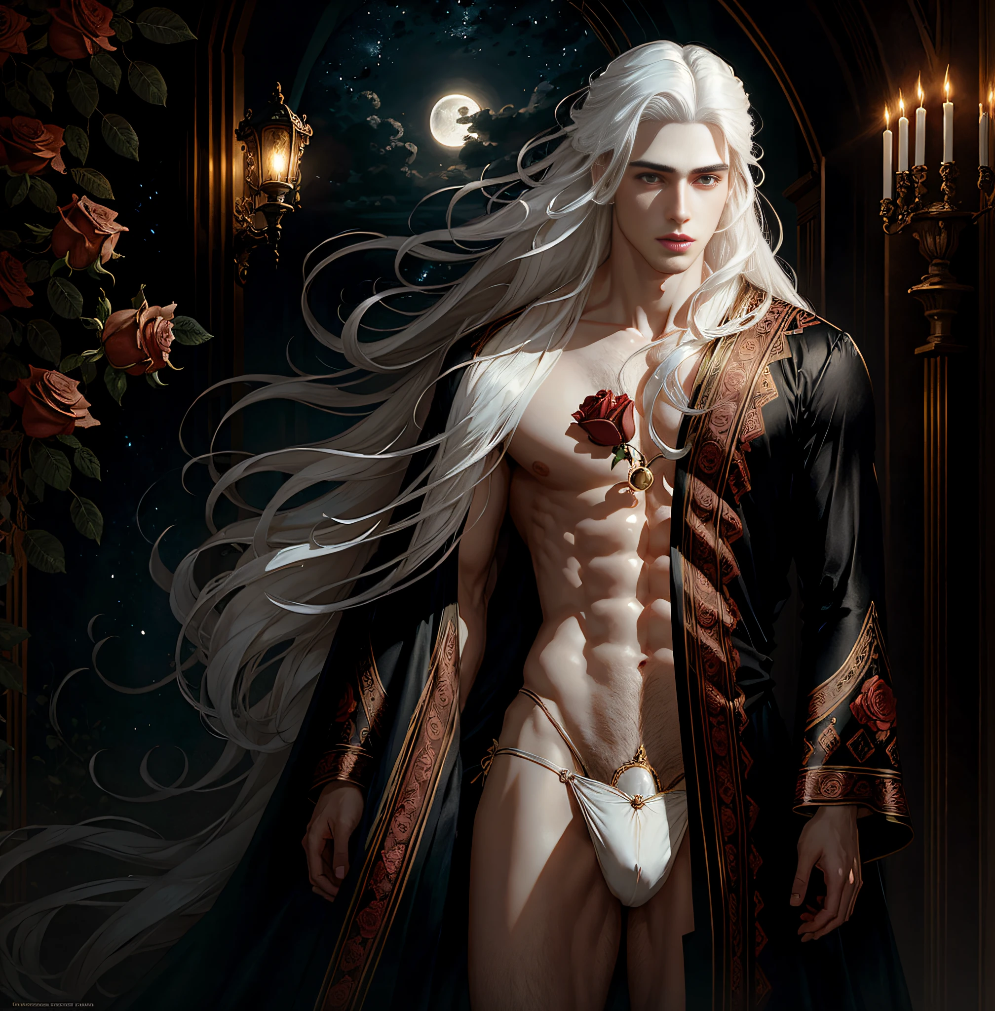 masterpiece, highest quality, (solo focus), (perfect face:1.1), (high detail:1.1),dramatic, 1guy, (pale skin), long white hair, white eyes, [light eyebrows], solo, long hair, moon, night, black thong, bulge, pouty lips, detailed background, art by artgerm and greg rutkowski, cinematic lighting, roses, fashion, BalenciagaStyle, black roses