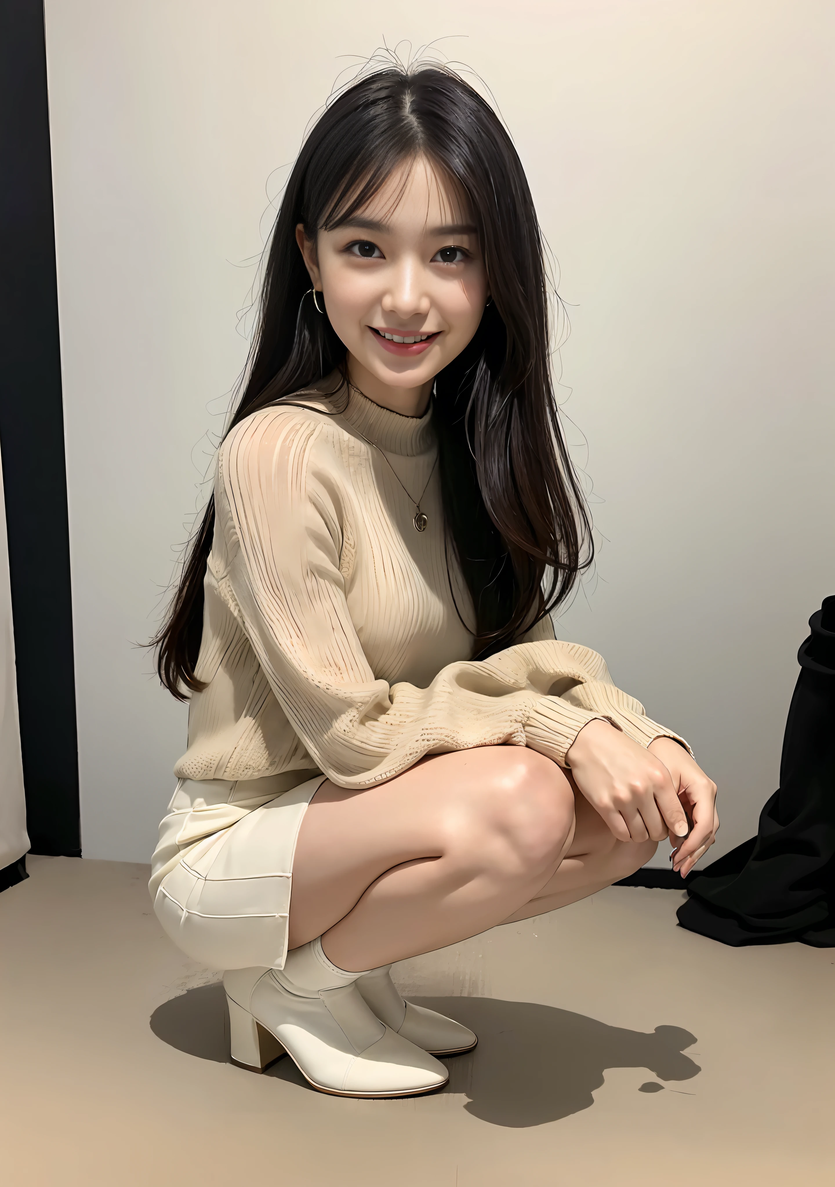 RAW Photo: 1.2), (Photorealistic: 1.4), (Masterpiece: 1.3), (Best Quality: 1.4), Ultra High Resolution, (Detailed Eyes), (Detailed Facial Features), (Detailed Clothing Features), HDR, 8k Resolution, Solo Focus, Bangs, Skin Tightness, (Shiny Skin), (Slender Girl), Dreamy, (extreme detailed drawing), confirmation of commentary, request for commentary, landscape, no text, virtual girl - aim, medium-breasted, straight-haired, long-haired, black-haired, black-eyed, 1 Girl, Upper Body, crystal pendants, beige long sweaters, hip skirts, shoes with high heels, cute, innocent, (smile), squat down on one knee, pick up paperwork, full body shot, thigh, crouch, kneeling, beautiful legs, beautiful legs, high socks