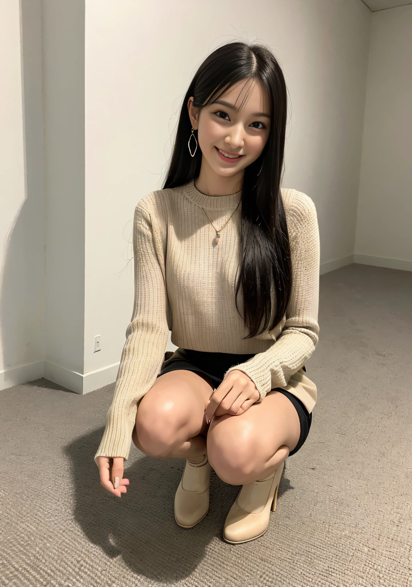 RAW Photo: 1.2), (Photorealistic: 1.4), (Masterpiece: 1.3), (Best Quality: 1.4), Ultra High Resolution, (Detailed Eyes), (Detailed Facial Features), (Detailed Clothing Features), HDR, 8k Resolution, Solo Focus, Bangs, Skin Tightness, (Shiny Skin), (Slender Girl), Dreamy, (extreme detailed drawing), confirmation of commentary, request for commentary, landscape, no text, virtual girl - aim, medium-breasted, straight-haired, long-haired, black-haired, black-eyed, 1 Girl, Upper Body, crystal pendants, beige long sweaters, hip skirts, shoes with high heels, cute, innocent, (smile), squat down on one knee, pick up paperwork, full body shot, thigh, crouch, kneeling, beautiful legs, beautiful legs, high socks