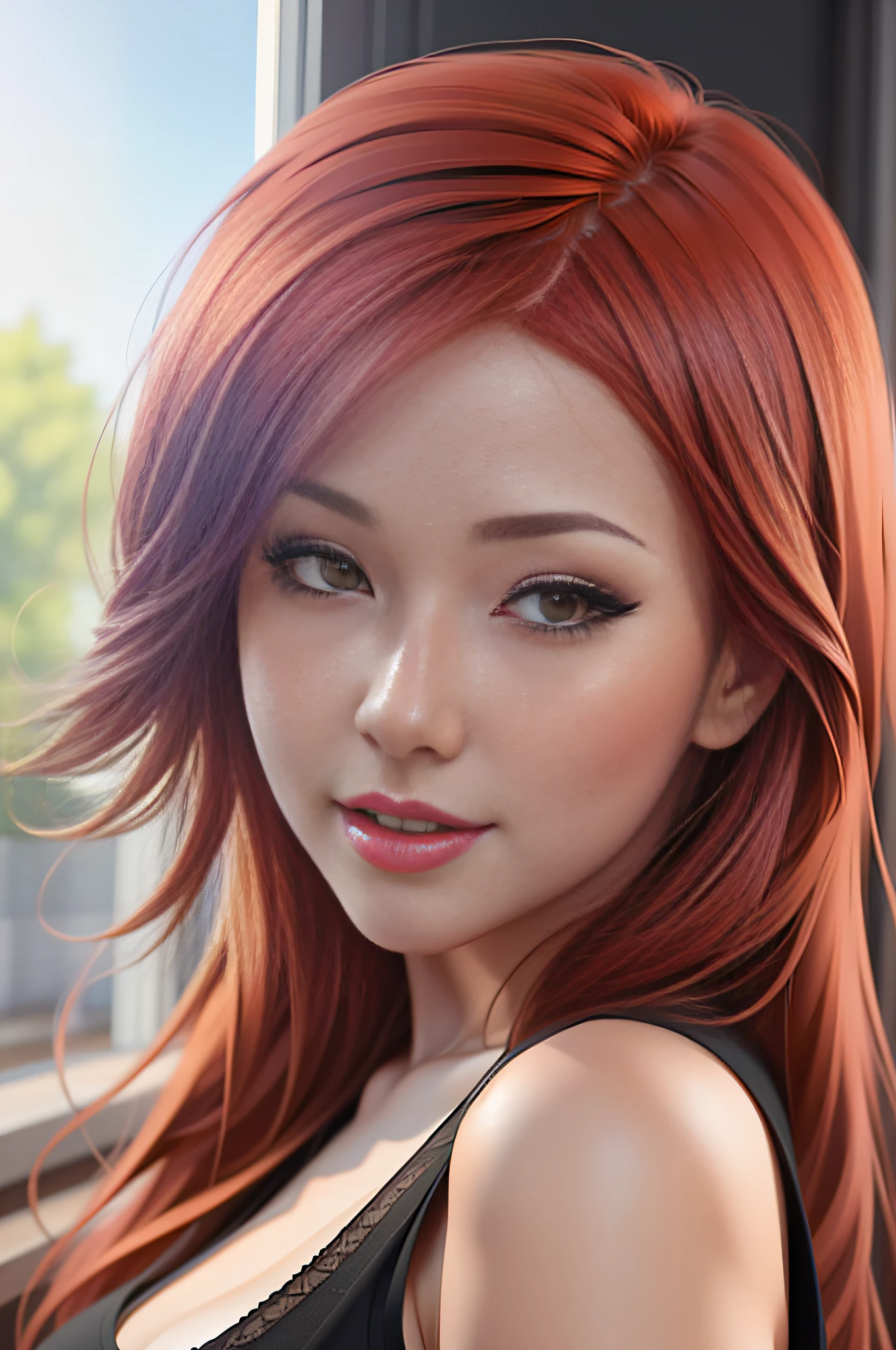 a woman with red hair looked at from the front and a black top, realistic art style, RossDraws portrait, Artgerm portrait, realistic anime art, realistic 4K digital art, 4K realistic digital art, 8K Artgerm Bokeh, Deviantart Artstation CGScosiety, ArtGerm extremely detailed, made with anime painter's studio, RossDraw digital painting, (front)