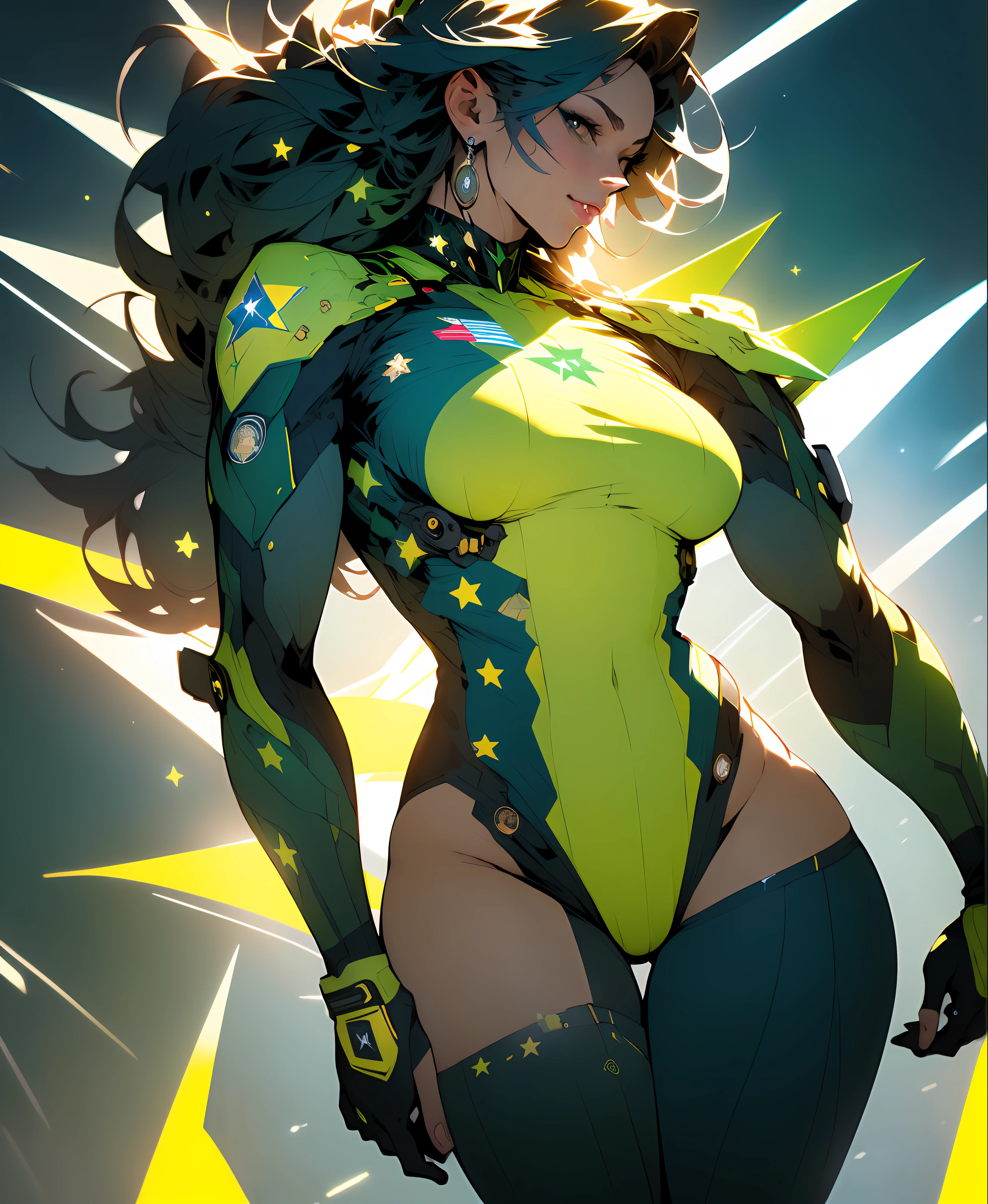((Best quality)), ((masterpiece)), (detailed: 1.4), Absurd, Fighter pilot woman muscular body defined, wearing a stewardess hat, half thick bare thighs, closed mouth, only panties, muscular body parts covered by technological clothing, (((large breasts)) perfect, generous neckline, ((green and yellow clothing, dark blue arm with white stars)), Brazil, pastel, mohawk black short hair with yellow green locks, short underwear, garter belt, by mucha, niji --V5, close to real, best quality, almost naked, psychopathic, crazy face, inside an airplane cockpit, piloting, sexy pose, starry night background, 2 pieces outfit, star and lightning drawings on the arms, cyberpunk, dark green bra with white stars, stars covering the breasts, (((clothes with the colors of the Brazilian flag))), Pointed shoulder pads, Green eyes without pupils, HDR (High Dynamic Range),Ray Tracing,NVIDIA RTX,Super-Resolution,Unreal 5,Subsurface dispersion, PBR texture, Post-processing, Anisotropic filtering, Depth of field, Maximum clarity and sharpness, Multilayer textures, Albedo and specular maps, Surface shading, Accurate simulation of light-material interaction, Perfect proportions, Octane Render, Two-tone lighting, Wide aperture, Low ISO, White Balance, Rule of Thirds, 8K RAW, crysisnanosuit