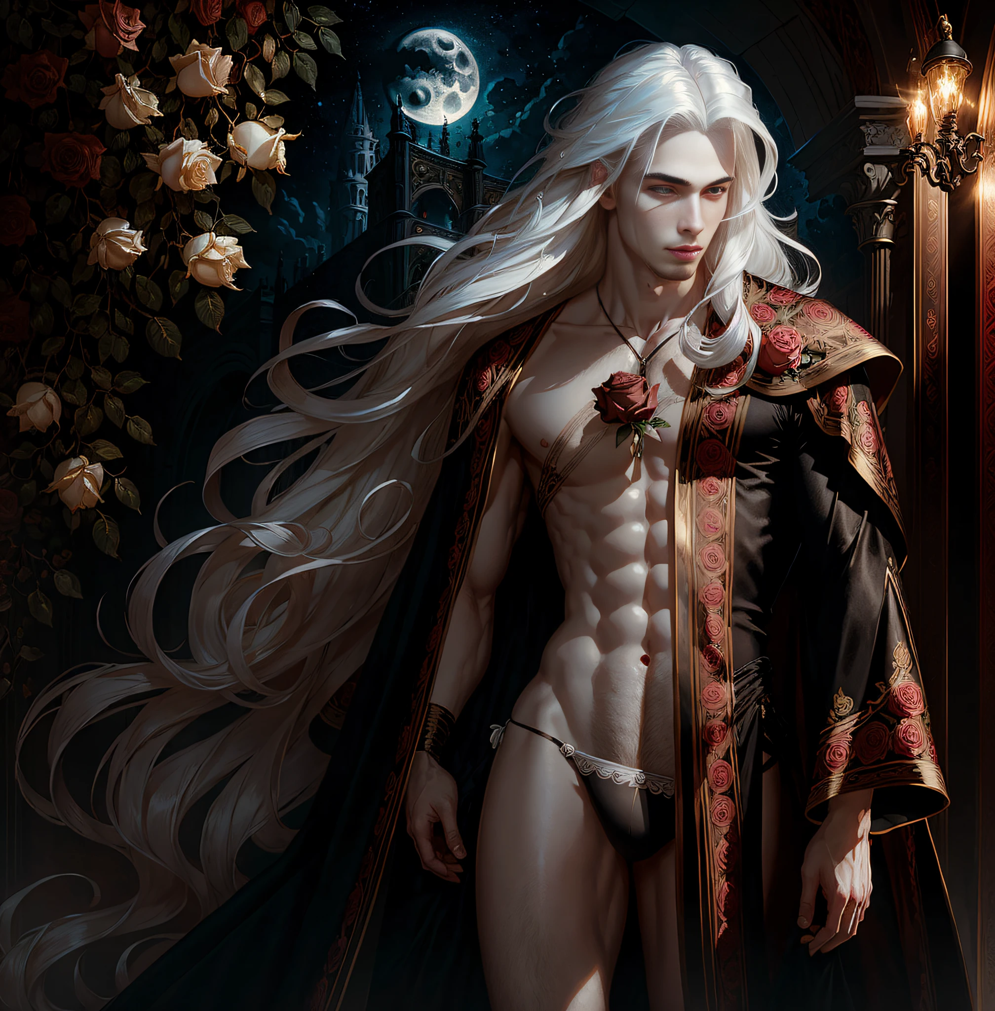 masterpiece, highest quality, (solo focus), (perfect face:1.1), (high detail:1.1),dramatic, 1guy, (pale skin), long white hair, perfect eyes, [light eyebrows], solo, long hair, moon, night, black thong,  pout lips, detailed background, art by artgerm and greg rutkowski, cinematic lighting, roses, fashion, BalenciagaStyle, black roses