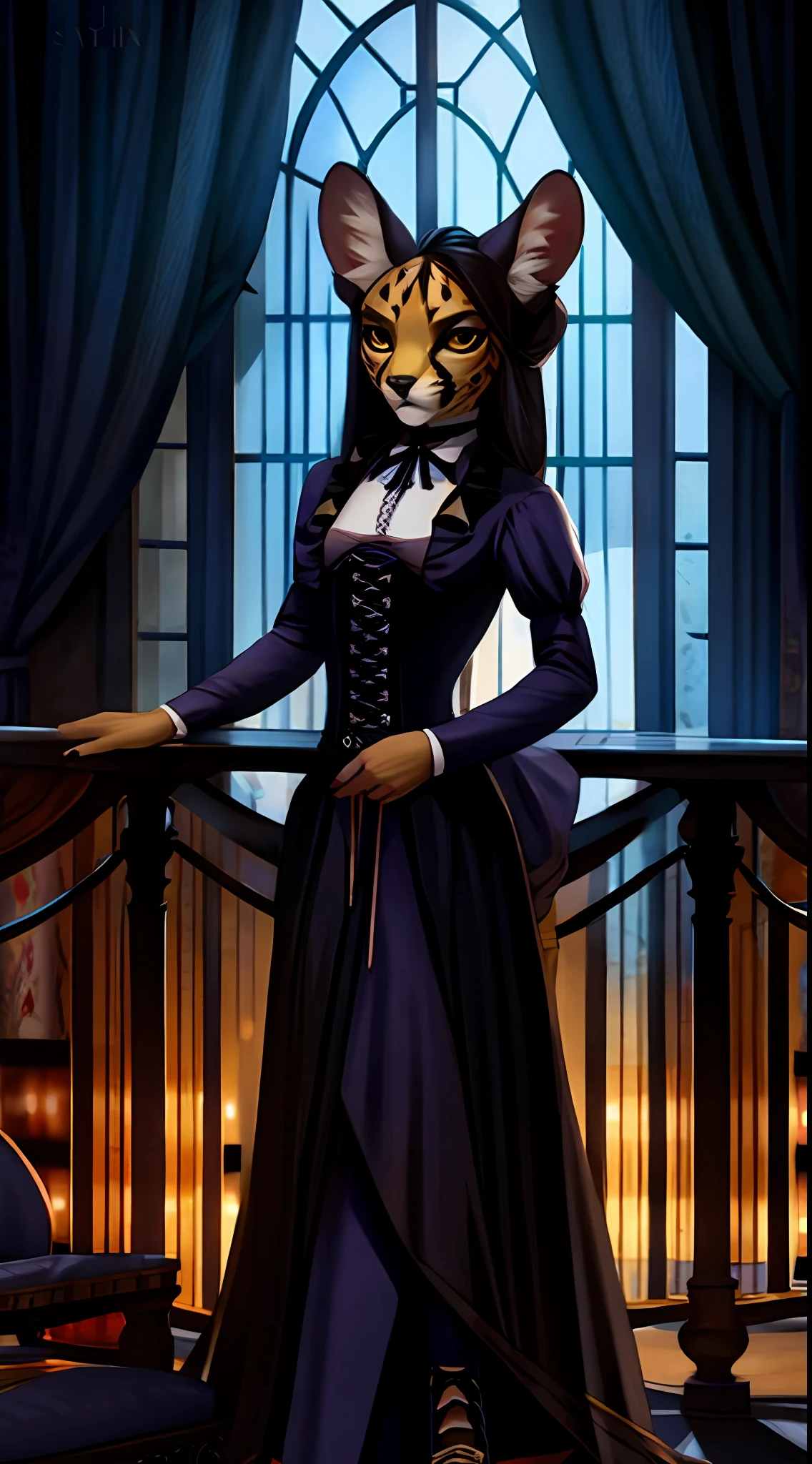 (by Viktor Antonov:0.7, by honovy:0.3), dishonored style, female, furry, serval, solo, night, victorian clothes, corset, victorian city, detailed background, long hair, Victorian hairstyle