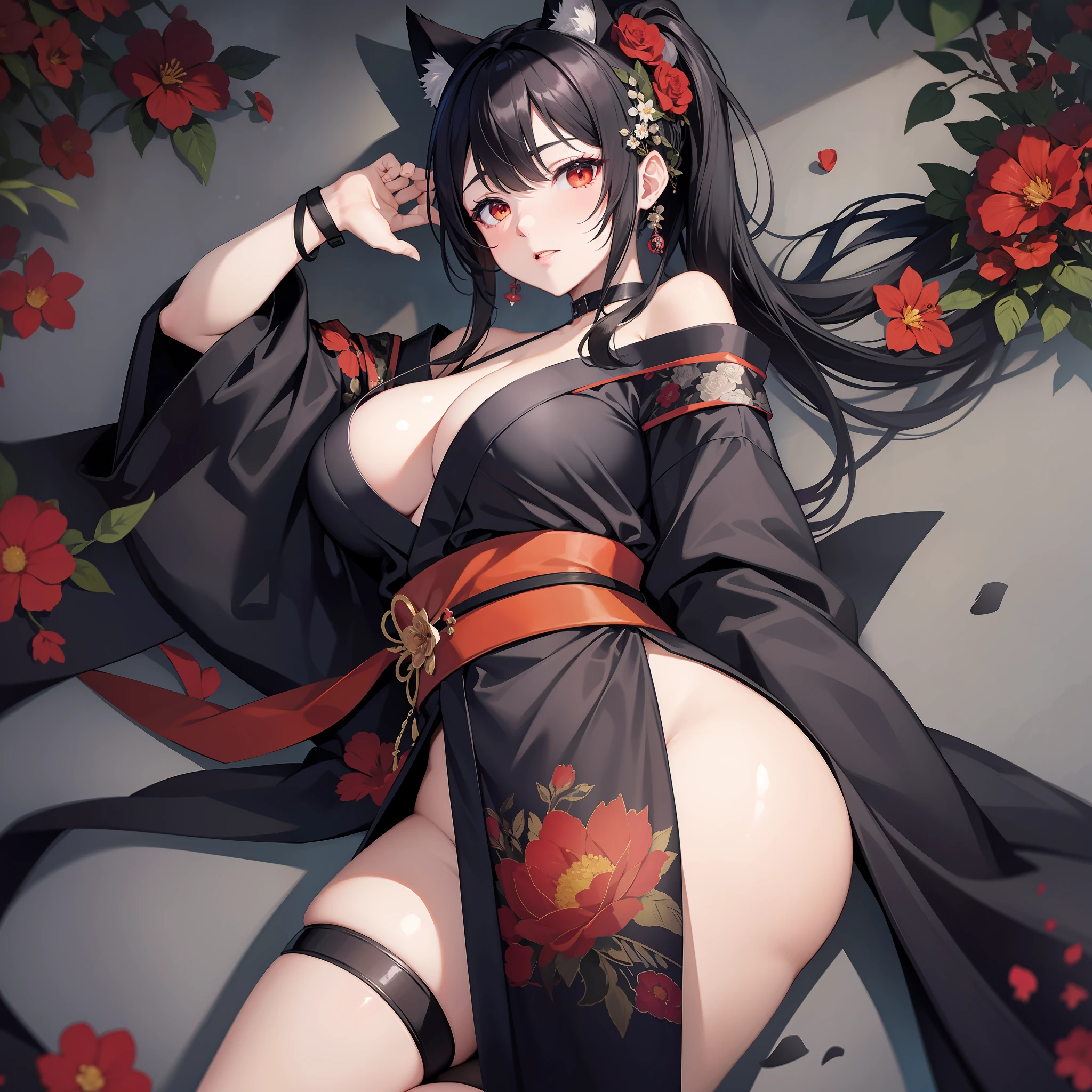 masterpiece, high resolution, high quality, black kimono, big breasts, cat ears, floral pattern, red eyes, NSFW, black hair, ponytail,